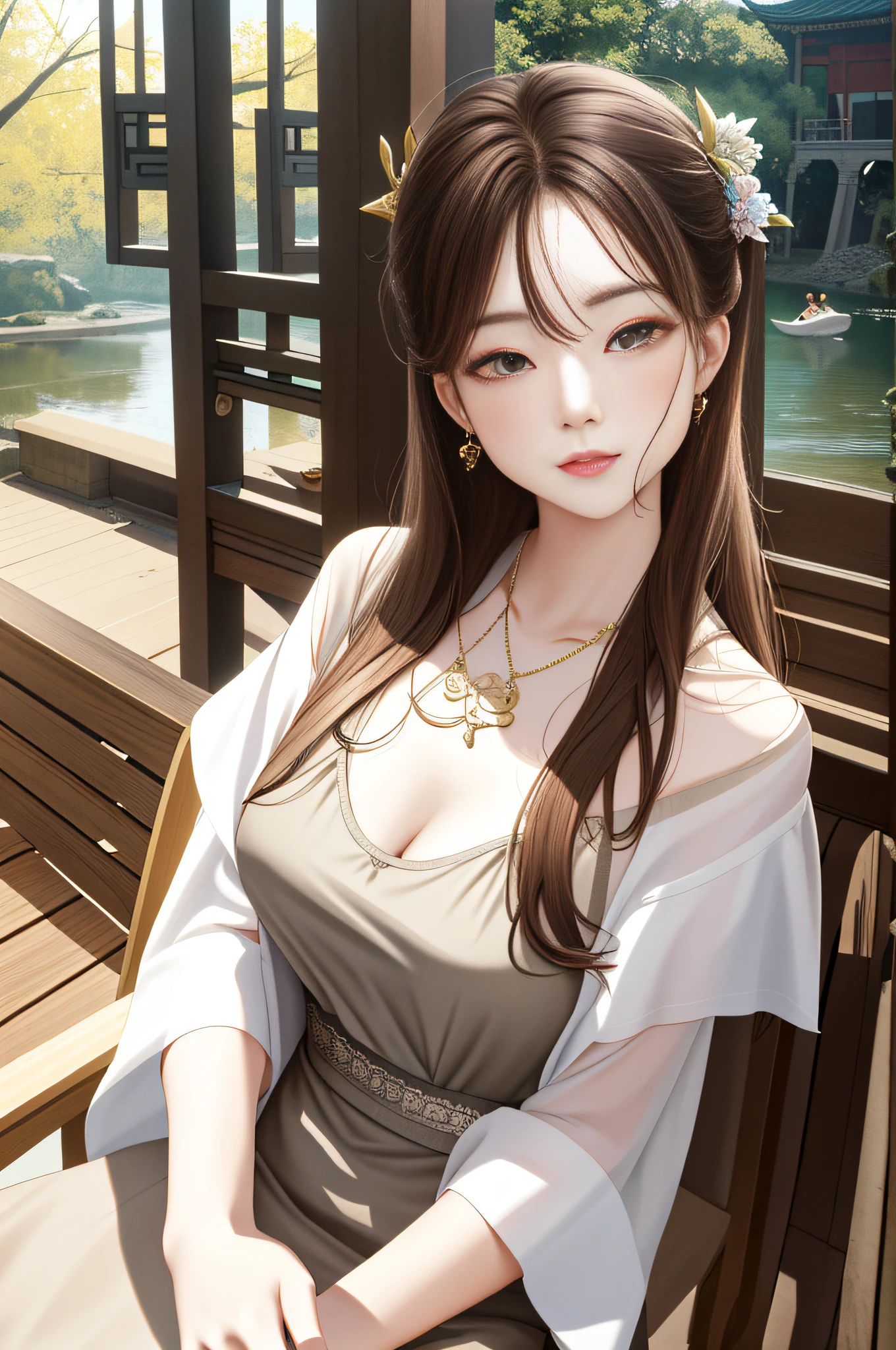 full bodyesbian,oil painted,tmasterpiece,Need,A high resolution,Long brown hair,Jewelry hairpins,breastsout,Riverside with chairs,Stand up,Song dynasty,Song Yi,