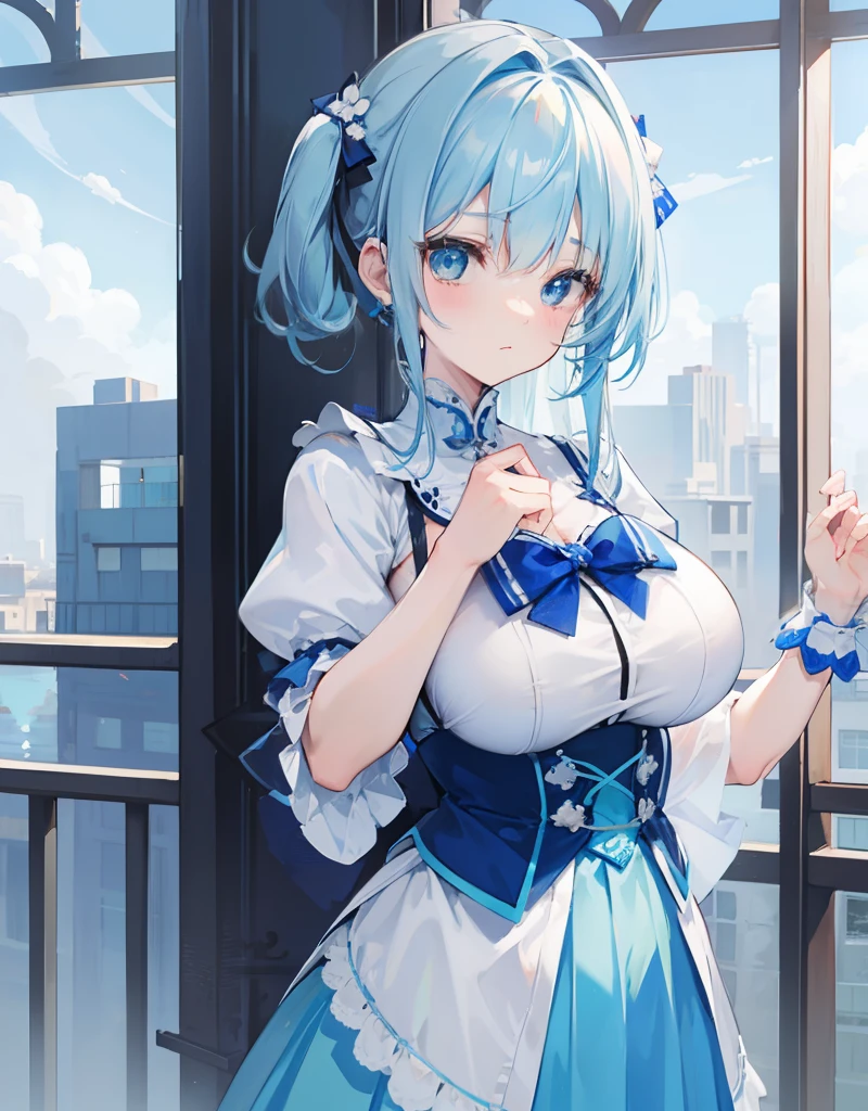 blue hairs,Blue and white clothes,Sexy big breasts,Sell cute very cute sweet girl