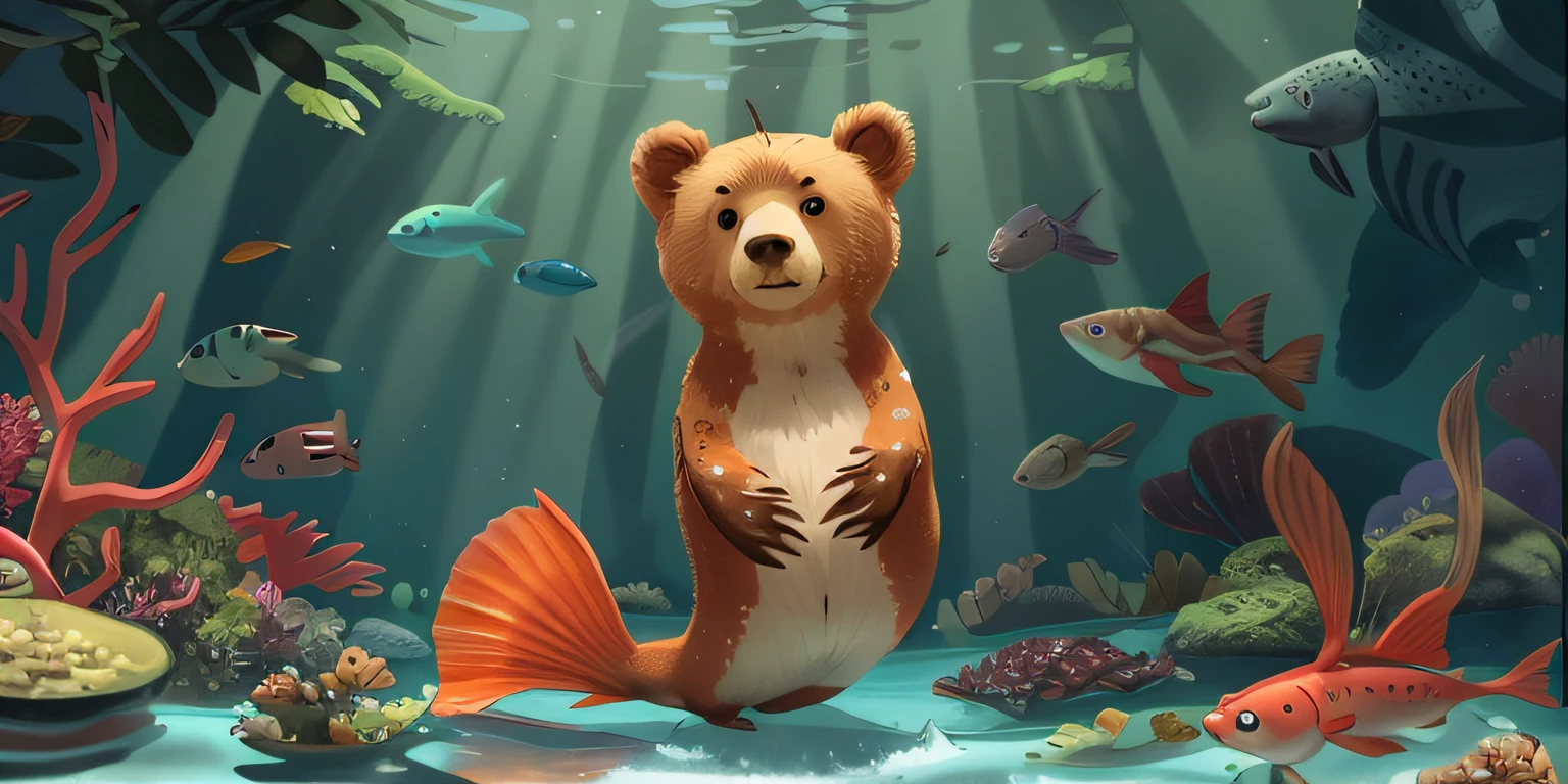 An animal whose upper body is a bear and whose lower body is a fish,At the bottom of the sea,abyssal,There are corals,Schools of fish swimming,