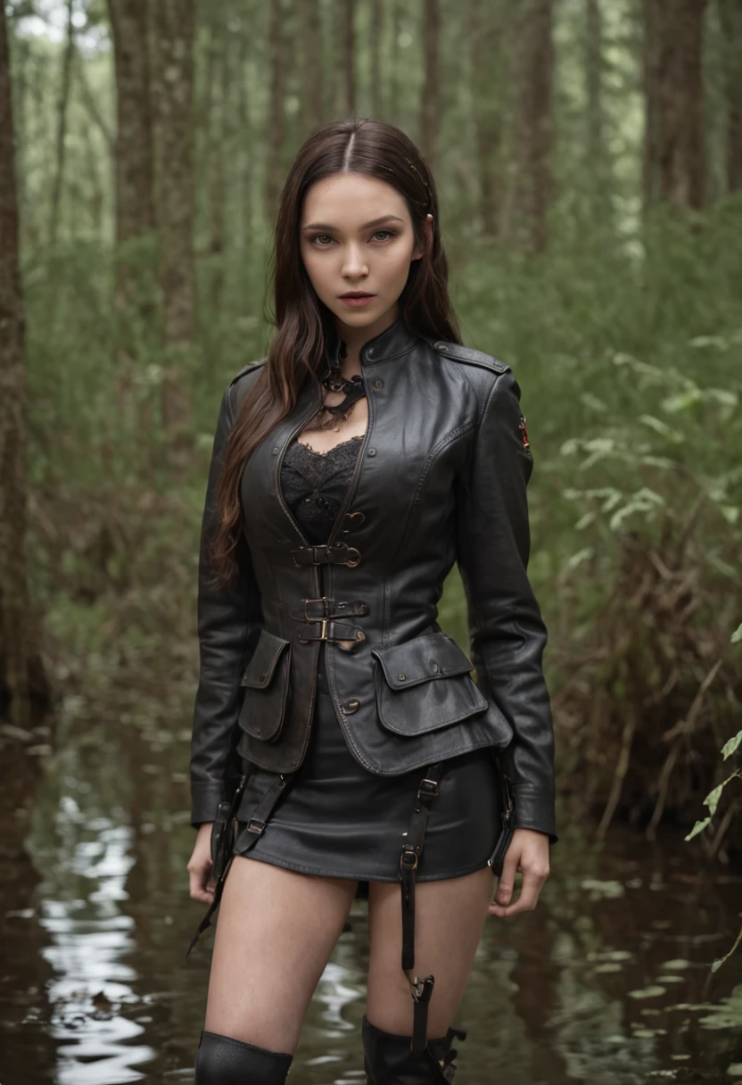 nтусклое освещение, A woman drowns in a bog, thighs in the swamp, a closeup of a, Realistic fantasy rendering in a swamp, matte painting portrait photo, A realistic photo, (lust:1.3), mini skirt, (Black stockings with garters:1.2), leather jacket, leather boots,