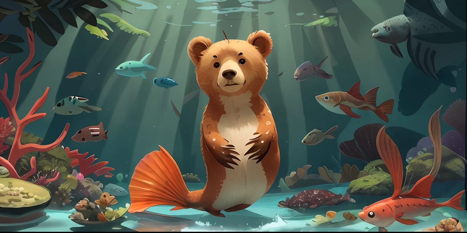 An animal whose upper body is a bear and whose lower body is a fish,At the bottom of the sea,abyssal,There are corals,Schools of fish swimming,