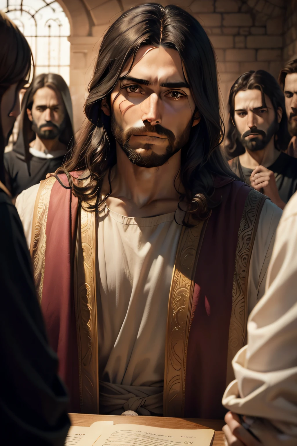 Jesus looking at camera, disciples at background