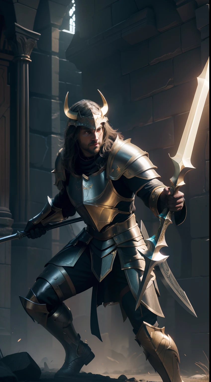 paladin, shield, holy spear, buffalo, holy light, masterpiece, 3d render, high quality, high detailed, epic, dynamic effect, specular lighting, hdr, 8k full body picture quality, nanite raytraced, 8k resolution, intricate, dramatic, best quality, ultra high res, illustration, rich colors and exaggerated shapes