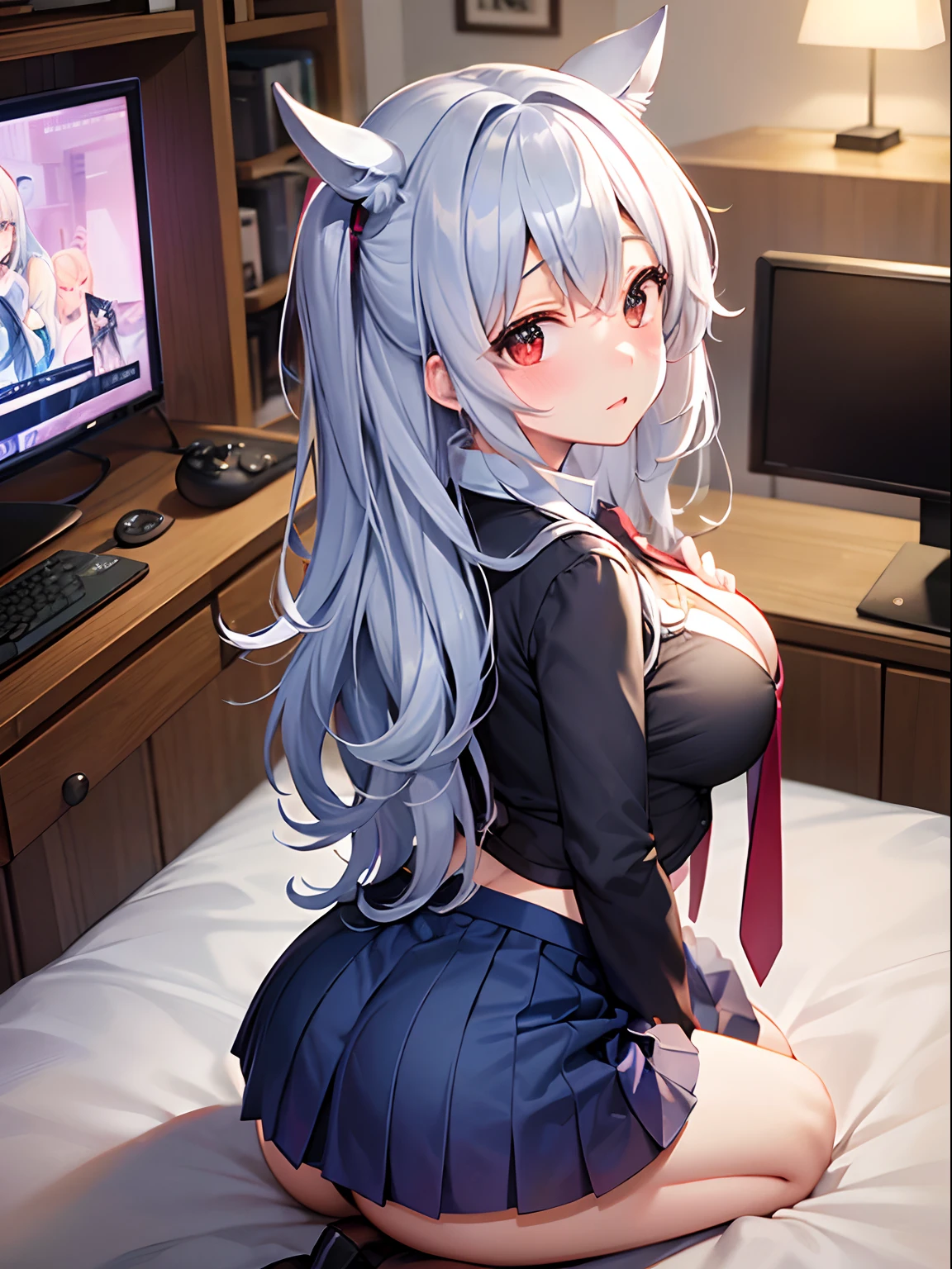 Best Quality, ultra-detailliert, Illustration, silber hair, Aimei,,embarrassed from,red blush,scratching your head,The long-haired,cute face,beutiful breast,turned around,Suspender Skirt,long-sleeve,Dark blue skirt,neck tie,Close,Angle to show off breasts,look up to,finely detail,a bed、Sit up,Own room,gaming console