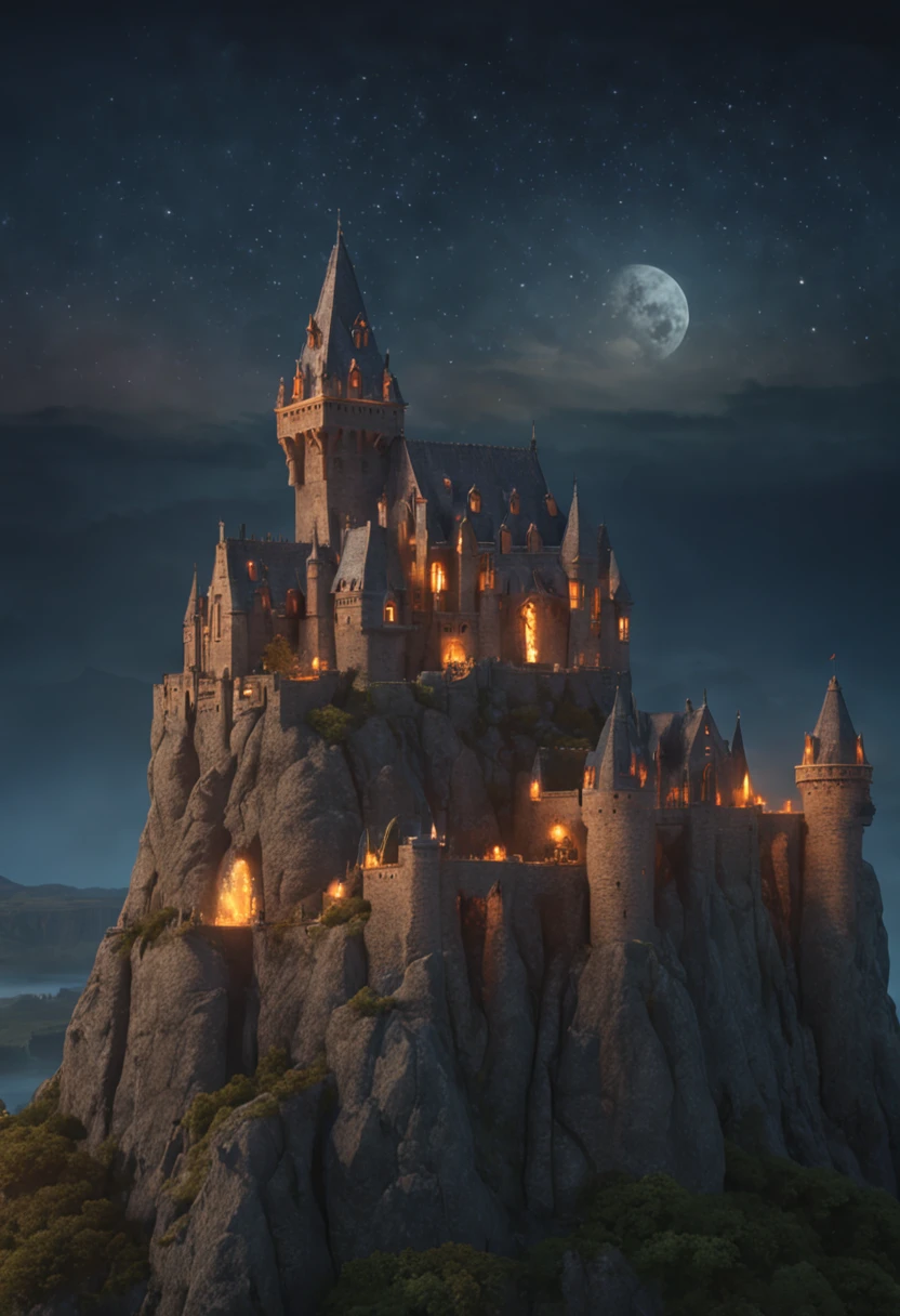 fantasy art, Ultrawide shot, painting, detailed, deviantart, contest winner, concept art, , tim hildebrandt,, night time, , fantastic realism, artstation ,, style of Adrianus Eversen, not aesthetic architecture, Movie Still, (COLOR SCHEME: 213363, 17594A, 8EAC50, D3D04F), Floating Sky Fortress, suspended in the sky, majestic architecture, The monstrous beings below seek to conquer, while the fortress stands as a bastion of resistance. Convey the tension and determination as the two forces clash in a high-stakes battle between civilization and chaos,no_humans,