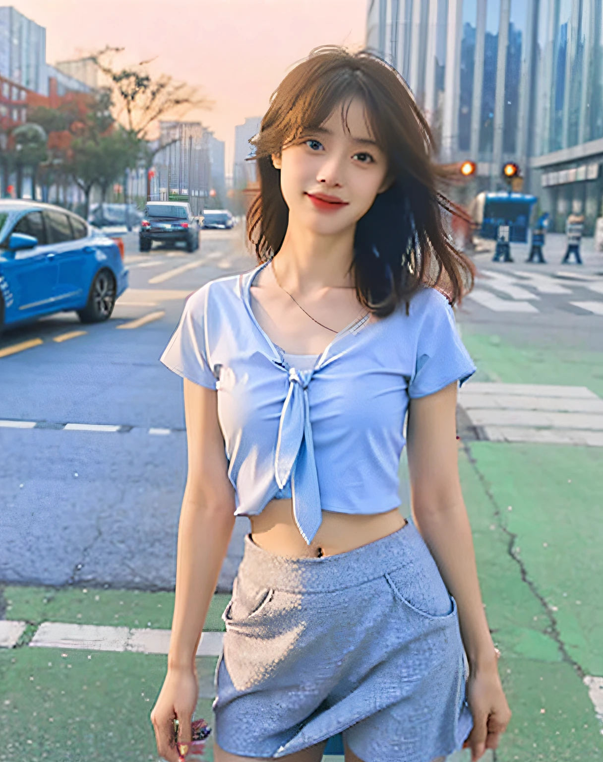(best quality), (realistic, photo-realistic:1.3), (masterpiece:1.3), CG, unity, 8k, amazing, finely detail, ultra-detailed, highres, absurdres
, (1 girls), solo, cute, young, (looking at viewers), abstract, extremely delicate and beautiful, extremely detailed, beautiful detailed girl, best shadow, extremely detailed eyes and face, beautiful detailed nose, beautiful detailed hand,perfect clavicle,
light smile,Standing and turning back,city streets,light blue short T shirt, light blue skirt, necktie,police car,pantyhose, navel, police uniform,exposing the navel,full body shot, blue pupils,raining,