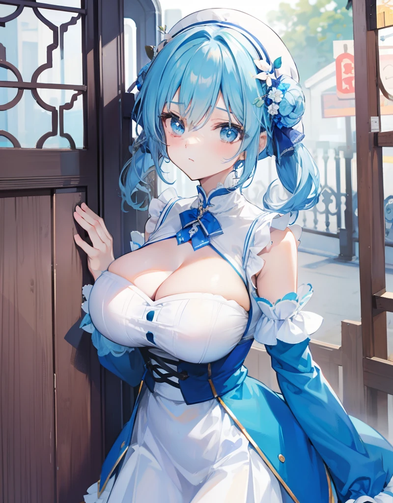 blue hairs，Blue and white clothes，Sexy big breasts，Sell cute very cute sweet girl