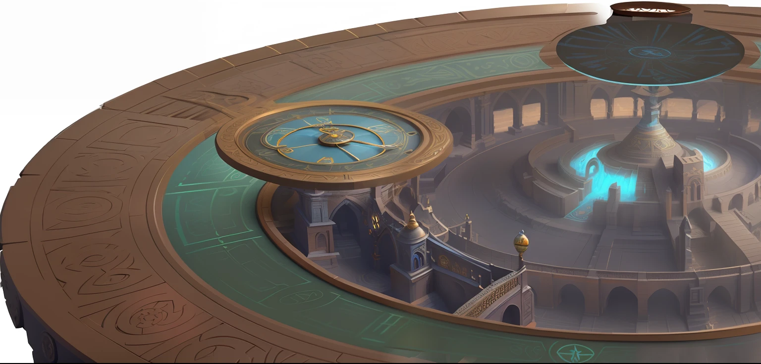 There is a round table,There is a clock on it, ornate border + concept-art, 3d magical details, intricate details in environment, matte painting arcane dota pixar, arena background, kaladesh concept art. Mechanical, Ultra detailed concept art, detailed conceptual drawing, detailed intricate environment, Stylized concept art, detail render, odin's stone arena background