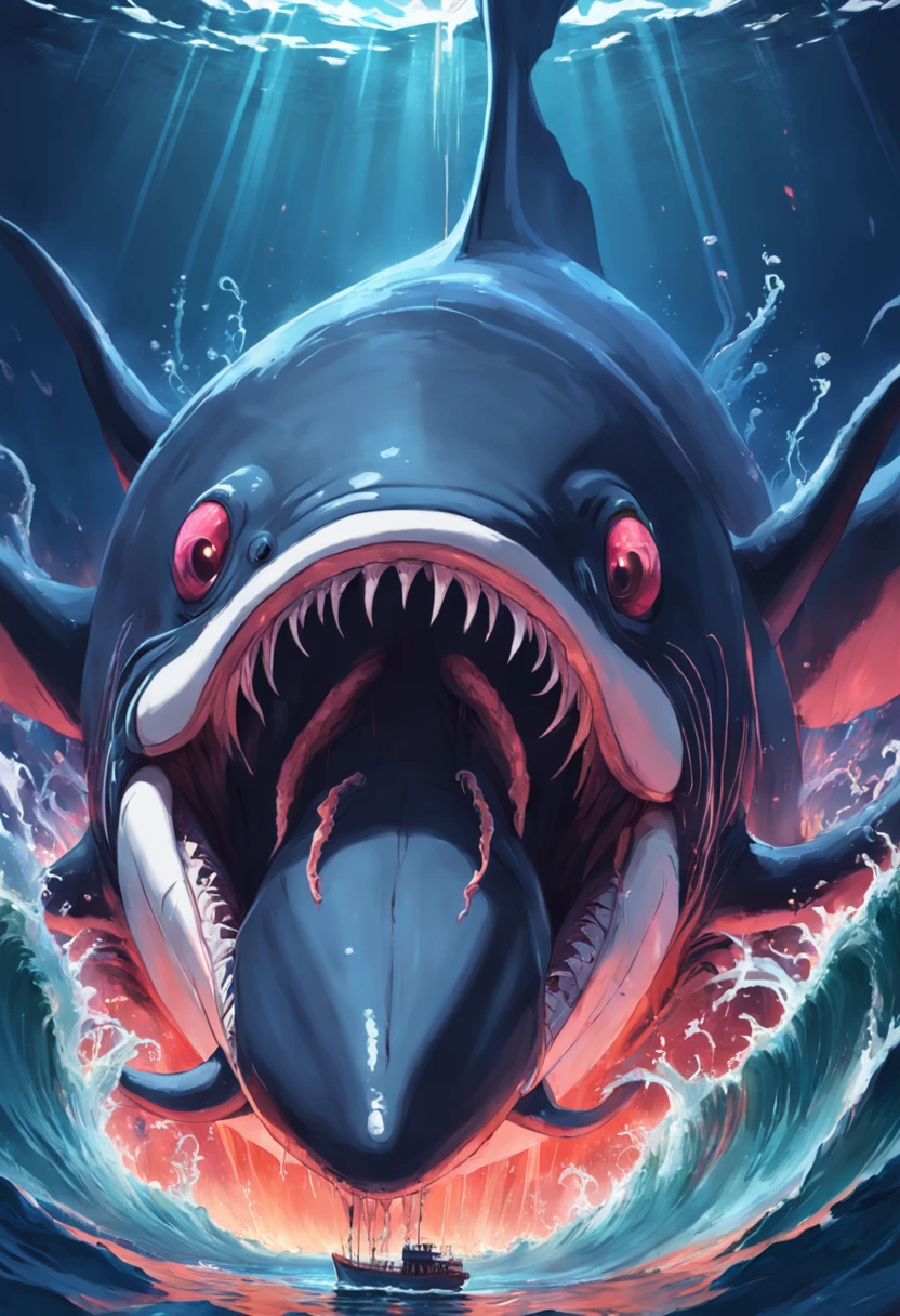Nuclear wastewater in the ocean，A whale with tentacles and eyes is opening its blood basin and mouth