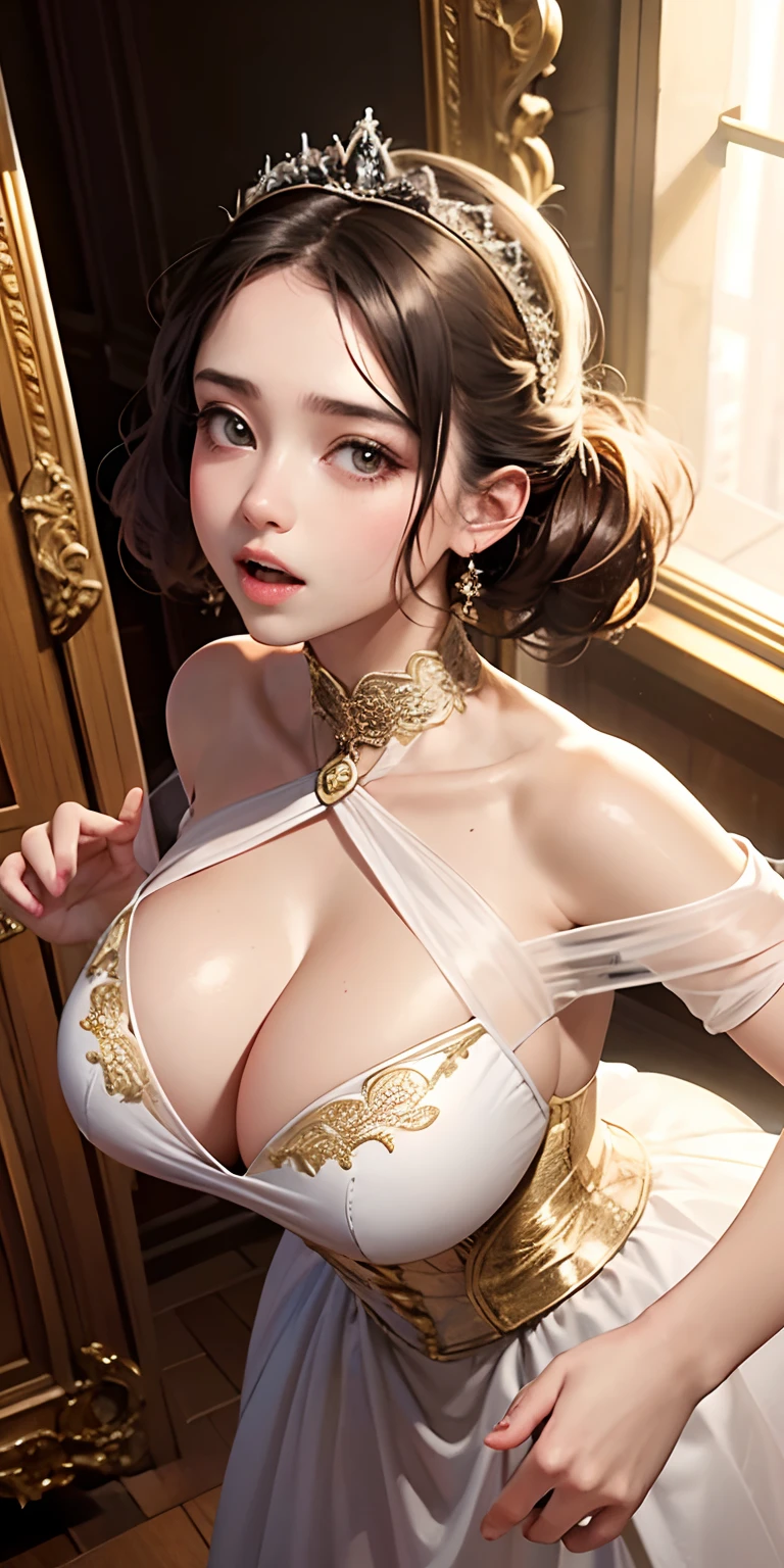 realisticlying, girl,Wearing the classical ballet costumes shown here,Face Real,Looking up from the bottom、yawning,Cleavage emphasis,Opera House,Breasts enlarged,Cleavage emphasis,Extra large zoom on chest,Chest zoom