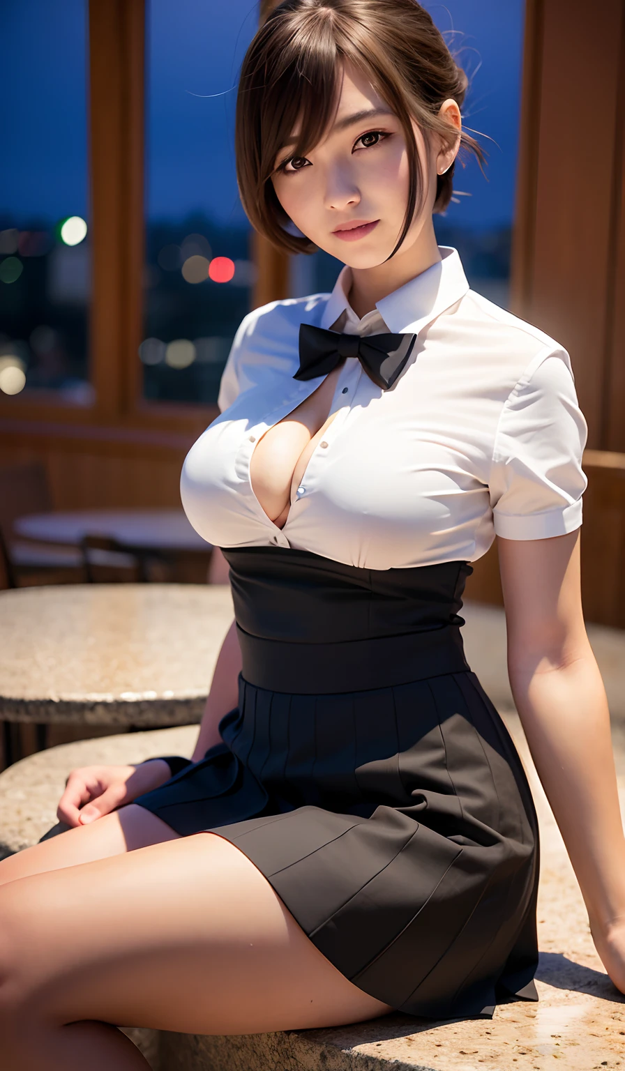 (8k, RAW photo, best quality, masterpiece:1.2), (realistic, photo-realistic:1.37), ultra-detailed,
1 girl,cute, solo,beautiful detailed sky,detailed cafe,night,sitting,dating,(nose blush),(smile:1.1),(closed mouth),large breasts, seductive smile, large aparture, professional lighting, Sony A7R4, Zessie 50mm F1.8,
medium breasts,beautiful detailed eyes,(collared shirt:1.1), bowtie,pleated skirt,(short hair:1.2),floating hair