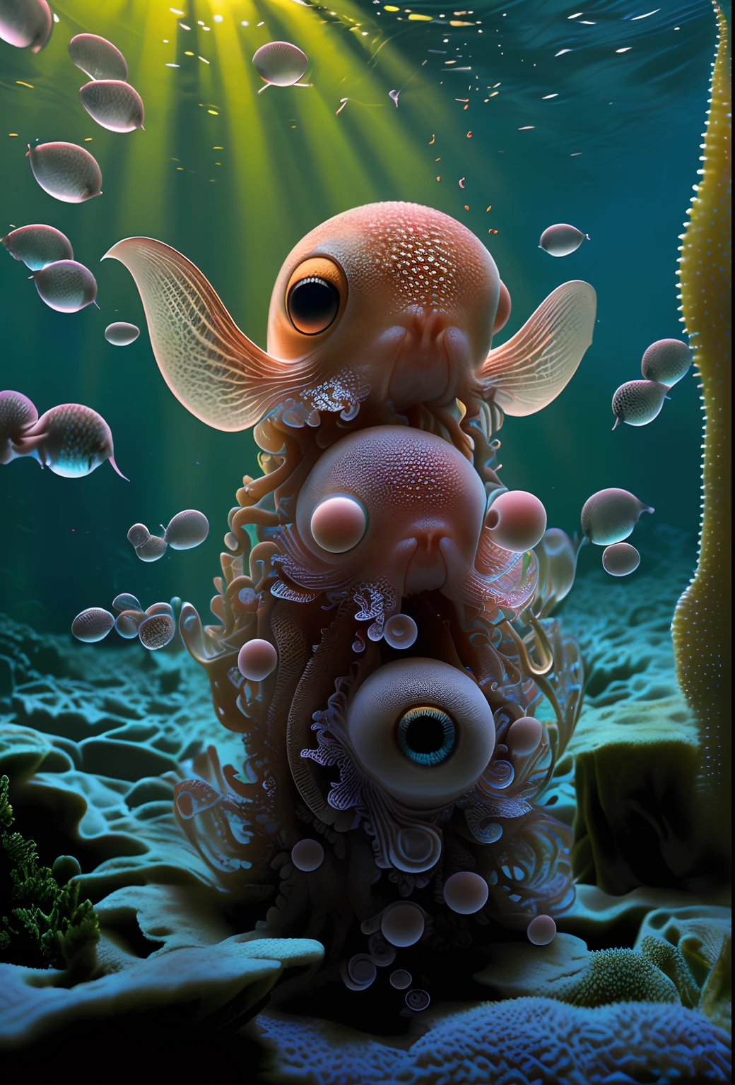 tmasterpiece， best qualtiy， 3D， realisticlying， { Fish with three heads，mermaids，1 tentacle， In the suction cup are the eyes， arm raise， Focus on the tentacles}， big breasts beautiful， Colorful， Smooth skin， illustration， art  stations， Painted by Stanley Ategg Liu， sidewayglance， foreshortening， extremely detailed 8k， smoothness， A high resolution， Ultra high quality， highly details eye， perfect  eyes， Real Light， glarelight， Irridescent color， globalillumination， Real light， Real Shadow， k hd， 2k， 4k， 8k， 16k，realistic raytraicing，realistic shaded，eyes with brightness，the soft light，Dreamy light，