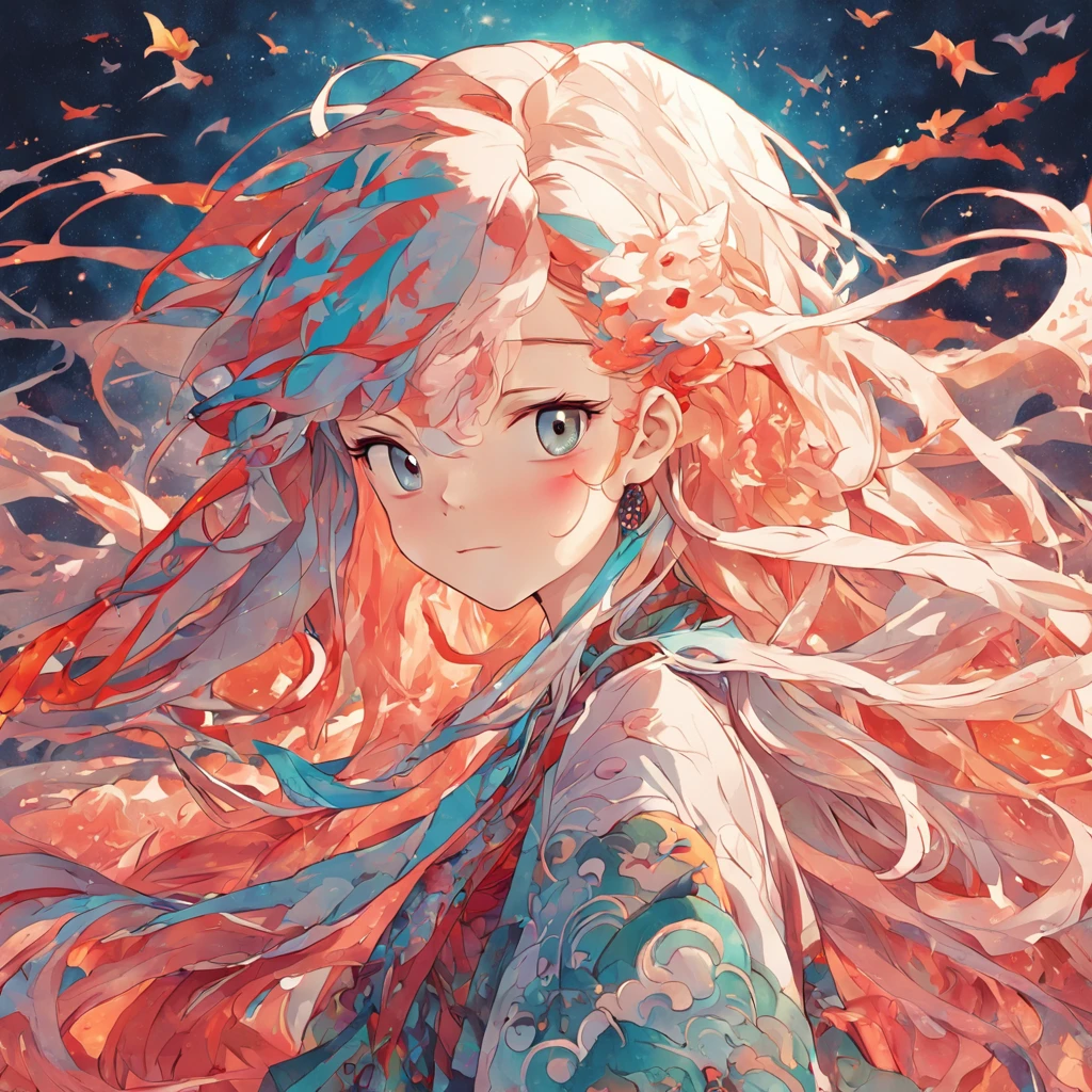 (White background:1.4),(Silhouette of a girl's head, Eyes closed, colorfull long hair, Oriental elements)，(Chinese illustration:1.3，paper art:1.3, Quilted paper art:1.2),( reasonable design, Clear lines, High sharpness,Best quality, Very detailed, Masterpiece, movie light effect, 4K ) wight long hair