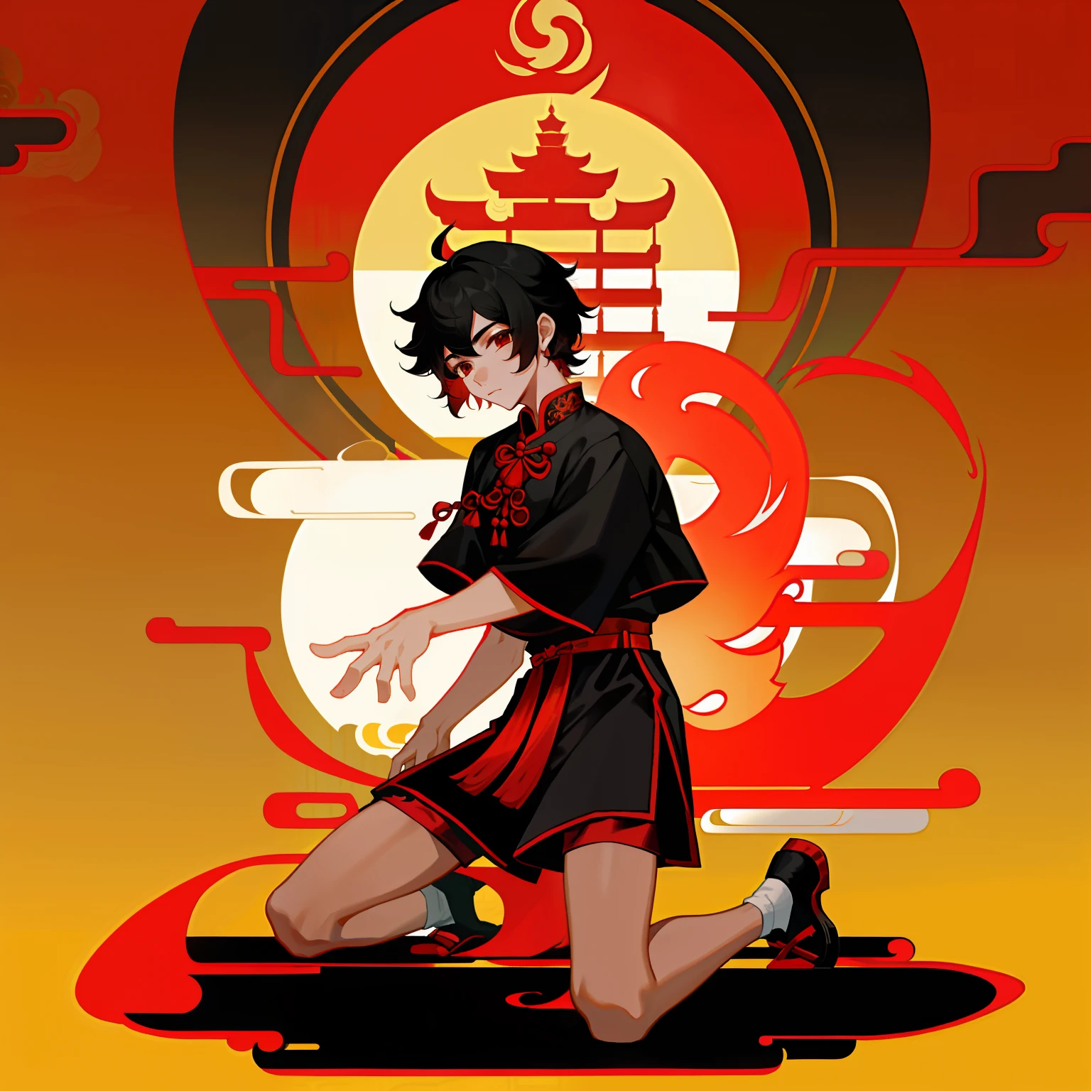 Taoist boy，In front of the temple gate，Kneel on both legs，Wear a white placket, traditional Chinese garment，Black silk shorts，Red silk traditional pattern belt，Wear traditional Chinese black coarse cloth shoes，short detailed hair，Flushed complexion