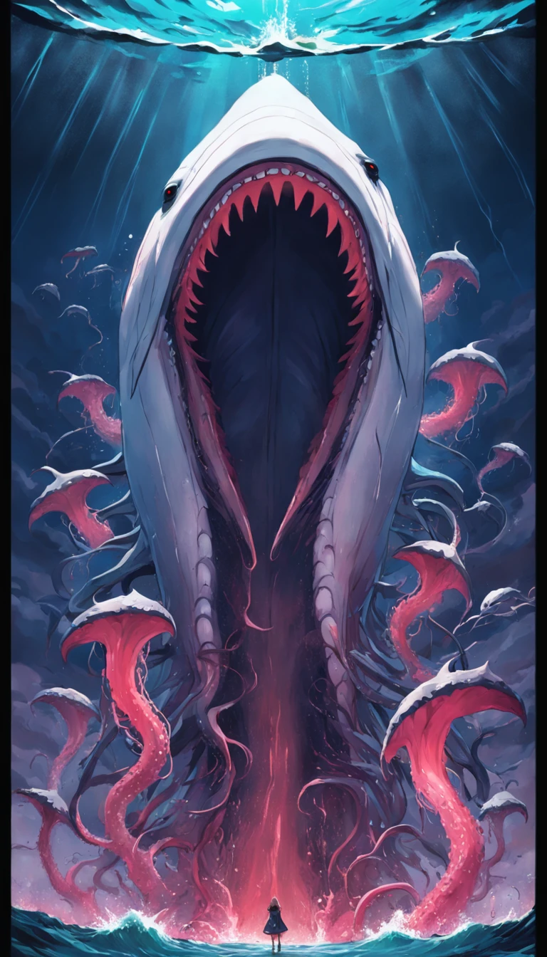 Nuclear wastewater in the ocean,A whale with tentacles and eyes is opening its blood basin and mouth