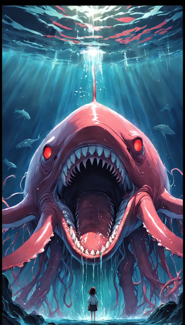 Nuclear wastewater in the ocean，A whale with tentacles and eyes is opening its blood basin and mouth