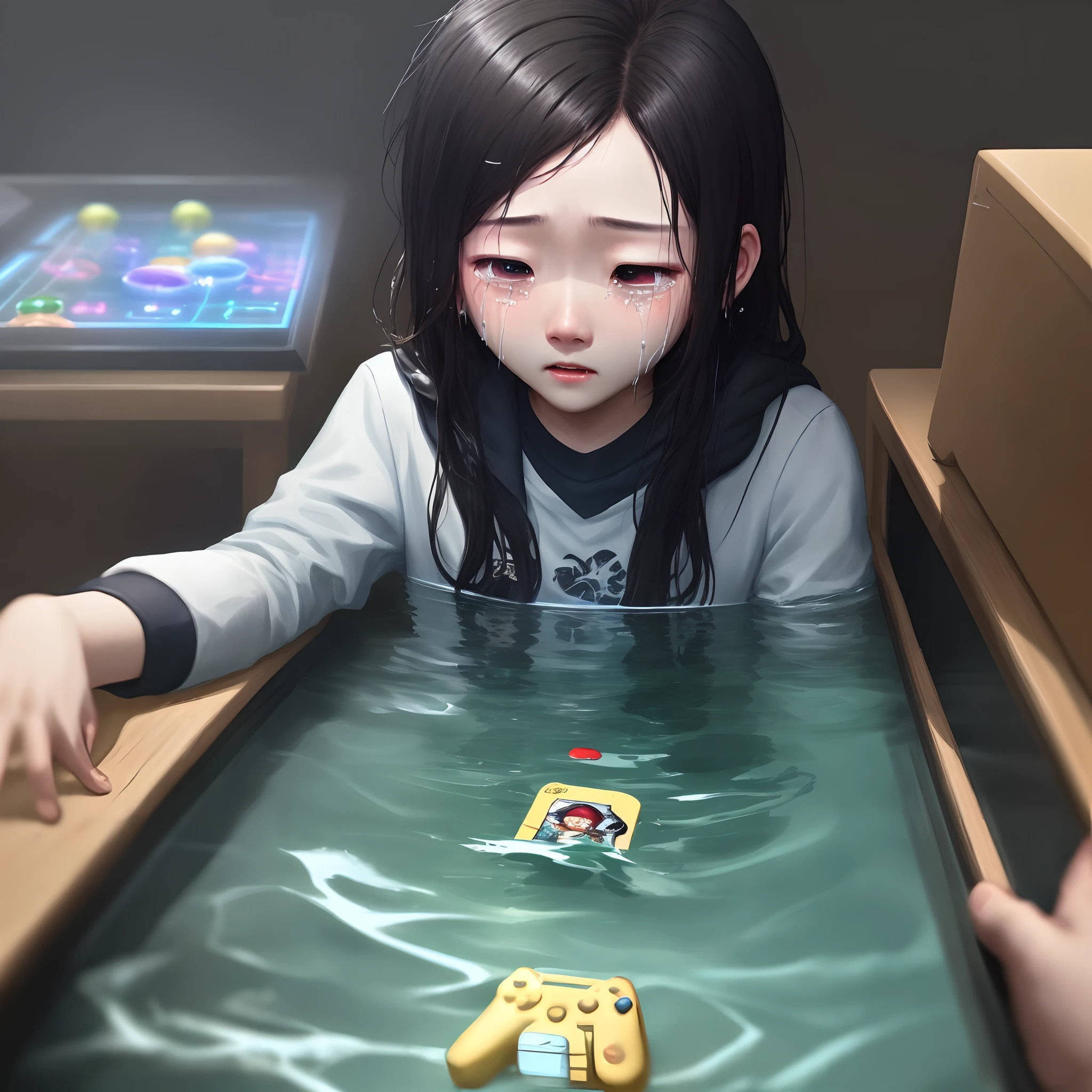 My classmate cried while playing games,Drowned by his own tears。