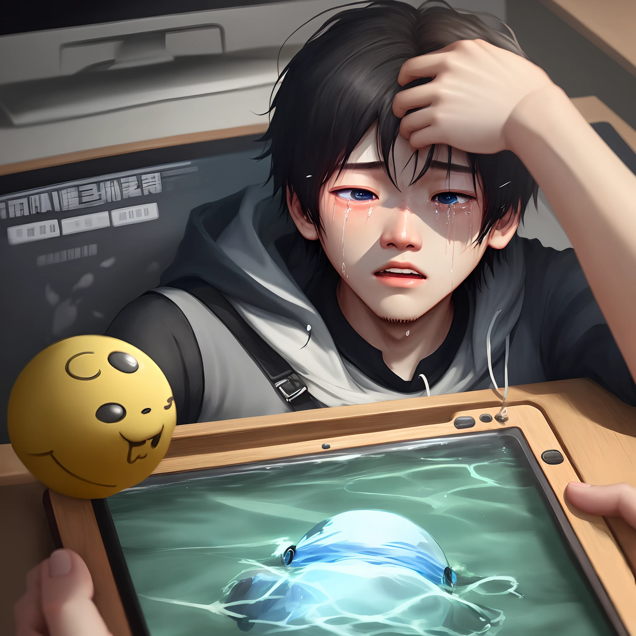 My classmate cried while playing games,Drowned by his own tears。