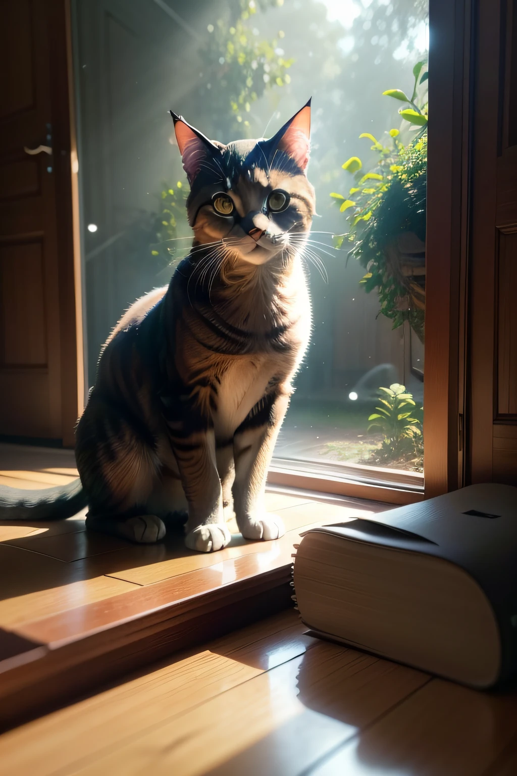 foto em close de um Gato de sala pulando muito fofo na floresta, soft volumetric lights (retroiluminação: 1.3), (kinematics: 1.2), detalhes intrincados