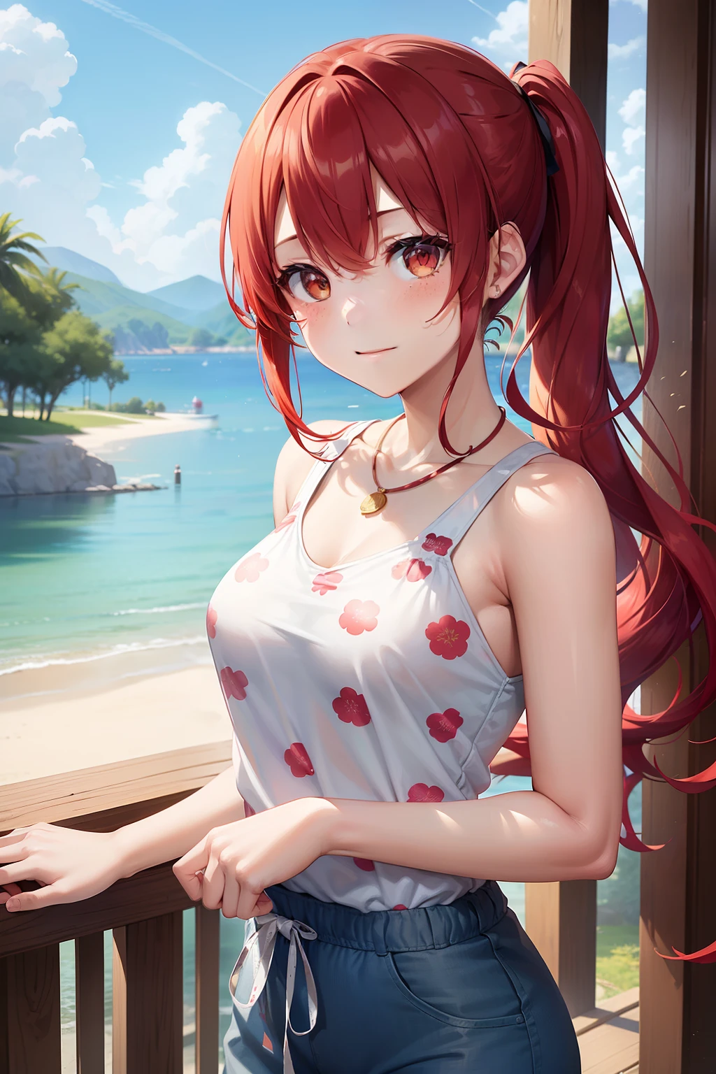 (Masterpiece, Best quality), 1girll, 鎖骨, Wavy hair, view the viewer, blurryforeground, Upper body, necklace, Contemporary, Plain trousers, ((Intricate, print, Pattern)), pony tails, freckle, Red hair, Dappled sunlight, Smile, cheerfulness,