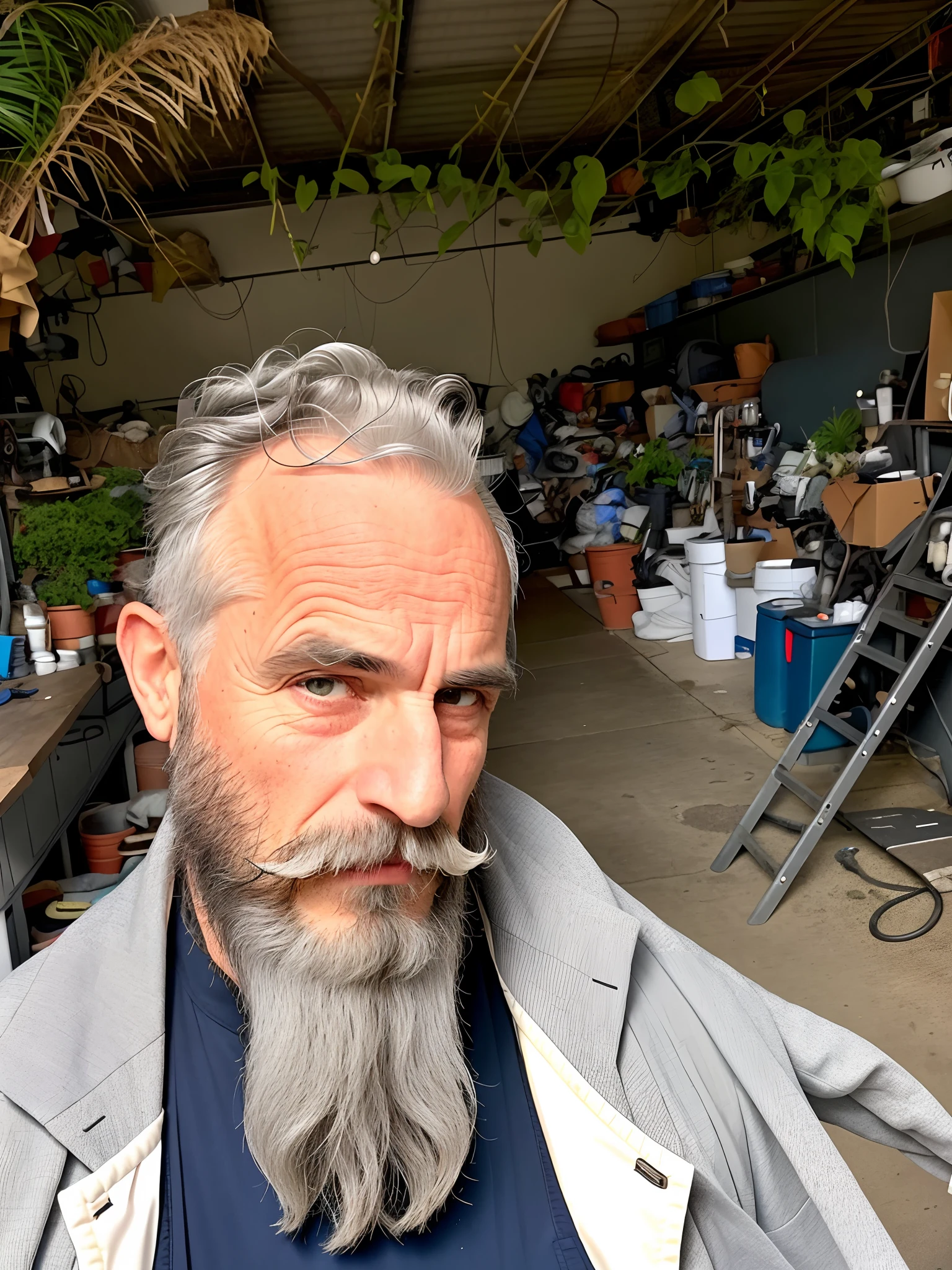 There is a man with beard and mustache standing in a garage, some gray hair in the beard, very long silver beard, 8K selfie photography, he has a beard and gray hair, gray beard, very long white beard and hair, gray beard, gray hair, long gray beard, 3 0 year old man, trimmed beard