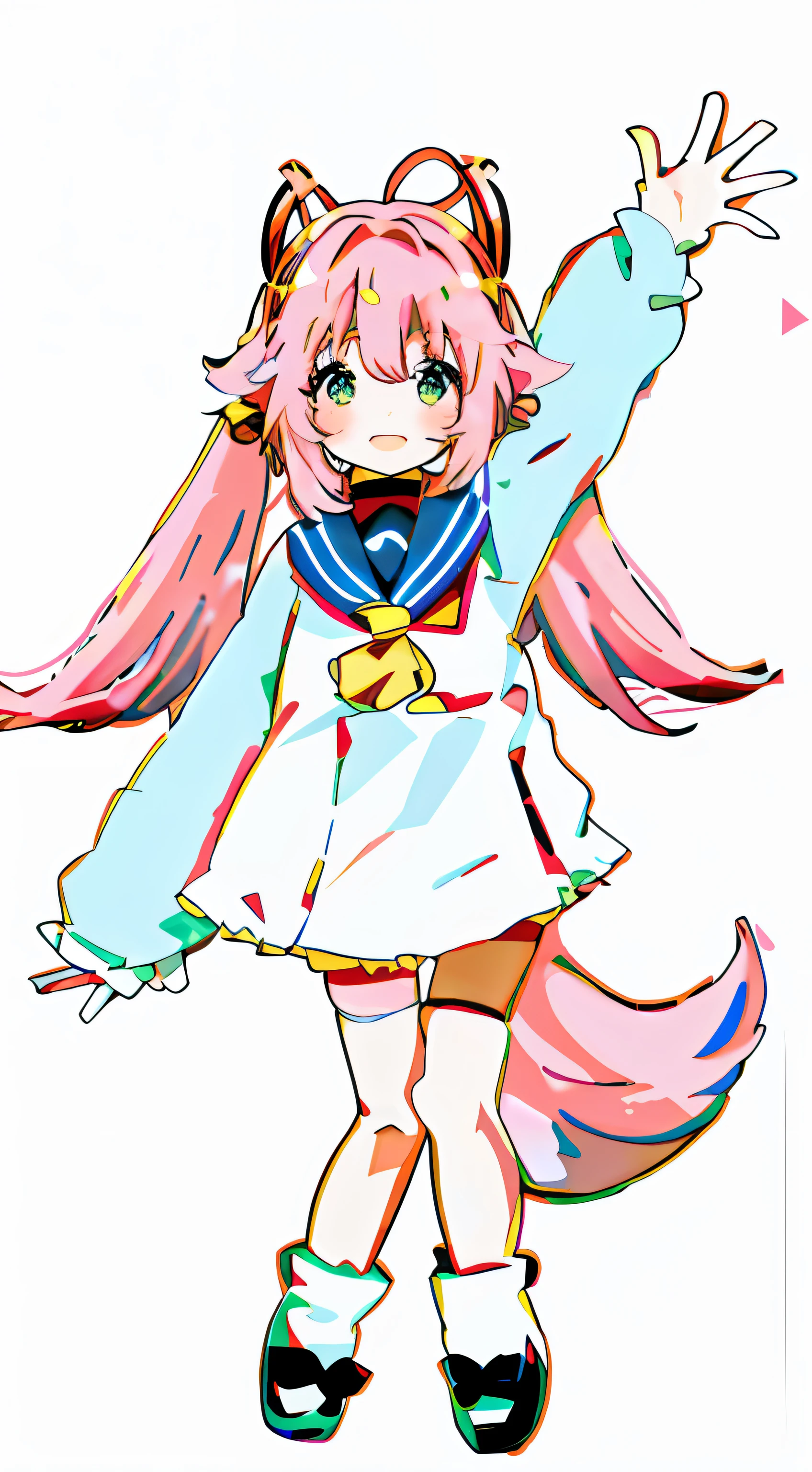 Anime girl in sailor costume,cat ear, humanoid pink female squid girl, madoka kaname, Pink two-tailed hair and green eyes, vocaloid, double tails, Sakura Haruno, magical girl, shirabii, Loli, Sakura Kinomoto, Madoka Magica, nyaruko-san