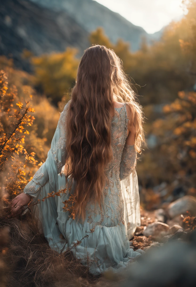 A beautiful woman with blue eyes，Long flowing hair，Enchanting、Sexy babes