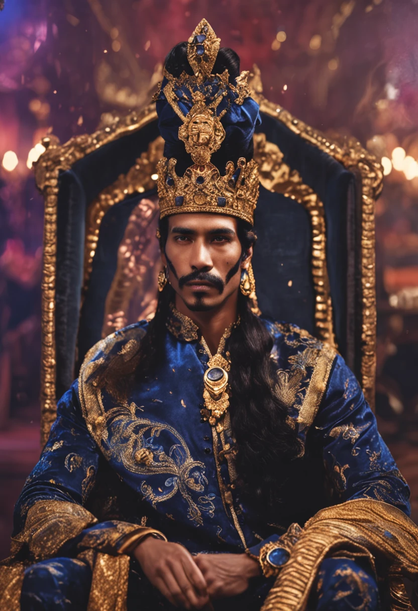 Rich man with black hair，Wear a blue crown and royal costume。