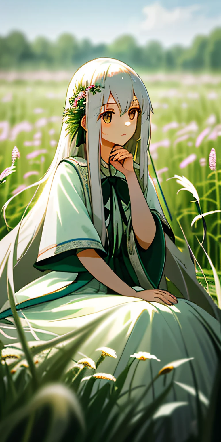 (tmasterpiece,best qualtiy),1 girl with long white hair sitting in a field of greenery and flowers,her hand under her chin,warmly lit,white dresses,Blurred foreground,dual horsetail