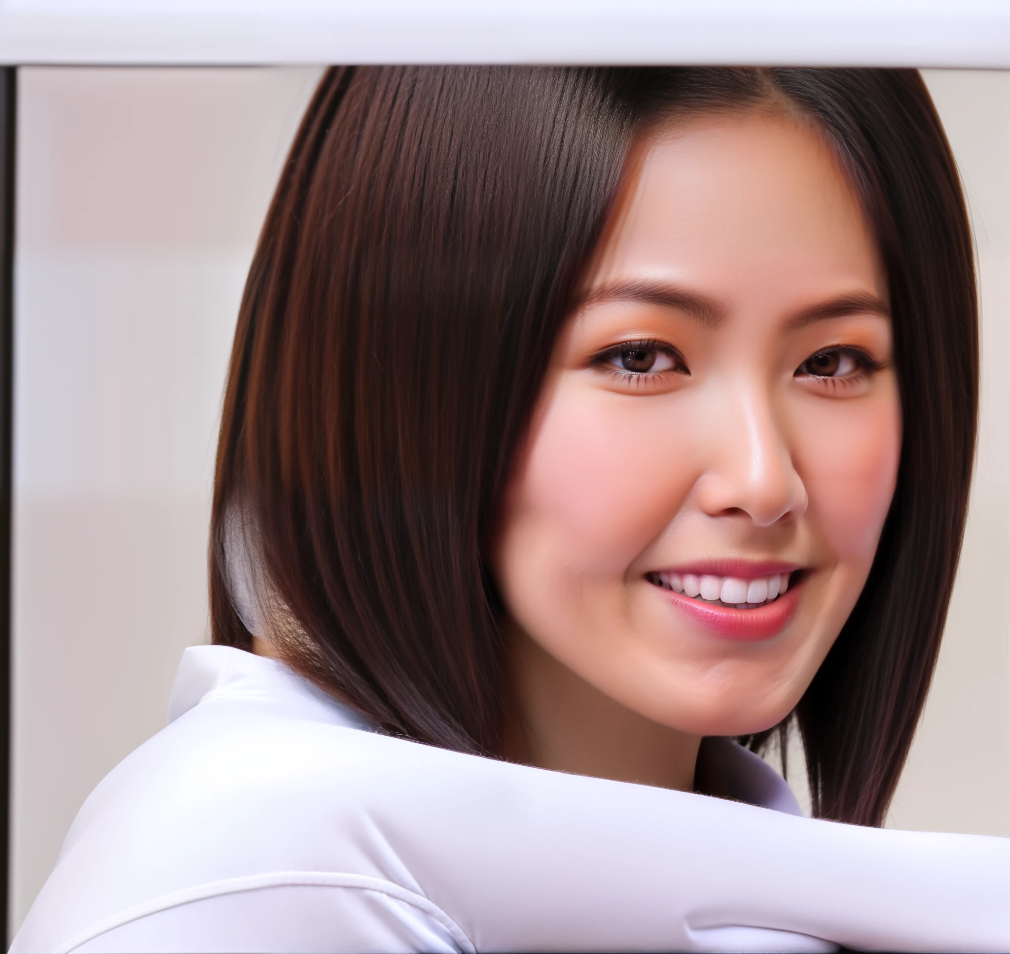 female pervert１、Woman Looking Back、up of face、a smile、Talking Woman、Woman in White Shirt