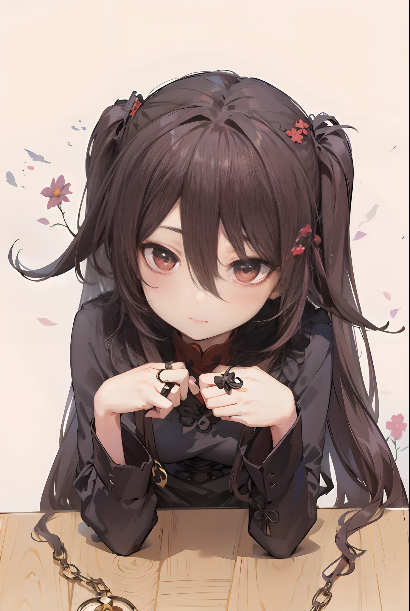 Hu Tao, with long hair and a black dress, sits on a table, Two pigtails, Rings on hands, cute girl