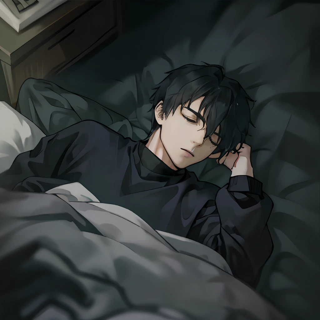 A boy with，with short black hair，Black sweatshirt，Sleep in bed，overhead photography