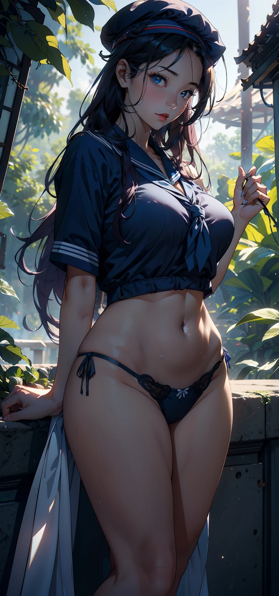 1female,36 years old,熟妇,mature,Bigchest,Big breasts Thin waist,long leges,Raised sexy,Pornographic exposure, 独奏,(Background with:ln the forest,the rainforest,in summer) She has long purple hair,standing on your feet,Sweat profusely,drenched all over the body,seen from the front, hair straight, mostly cloudy sky,(((tmasterpiece),(Very detailed CG unity 8K wallpaper),best qualtiy,cinmatic lighting,detailed back ground,beatiful detailed eyes,Bright pupils,(Very fine and beautiful),(Beautiful and detailed eye description),blue color eyes,Redlip,ultra - detailed,tmasterpiece,)),facing at camera,(The upper part of the body),A high resolution,ultra - detailed),revealing breasts,Bare genitalia, Bulge,legs are open,sexyposture,Camel toes,Flushed complexion,Open-mouthed,frontage,Big high school girl,Sailor's cap,(Wearing:Blue sailor uniform)