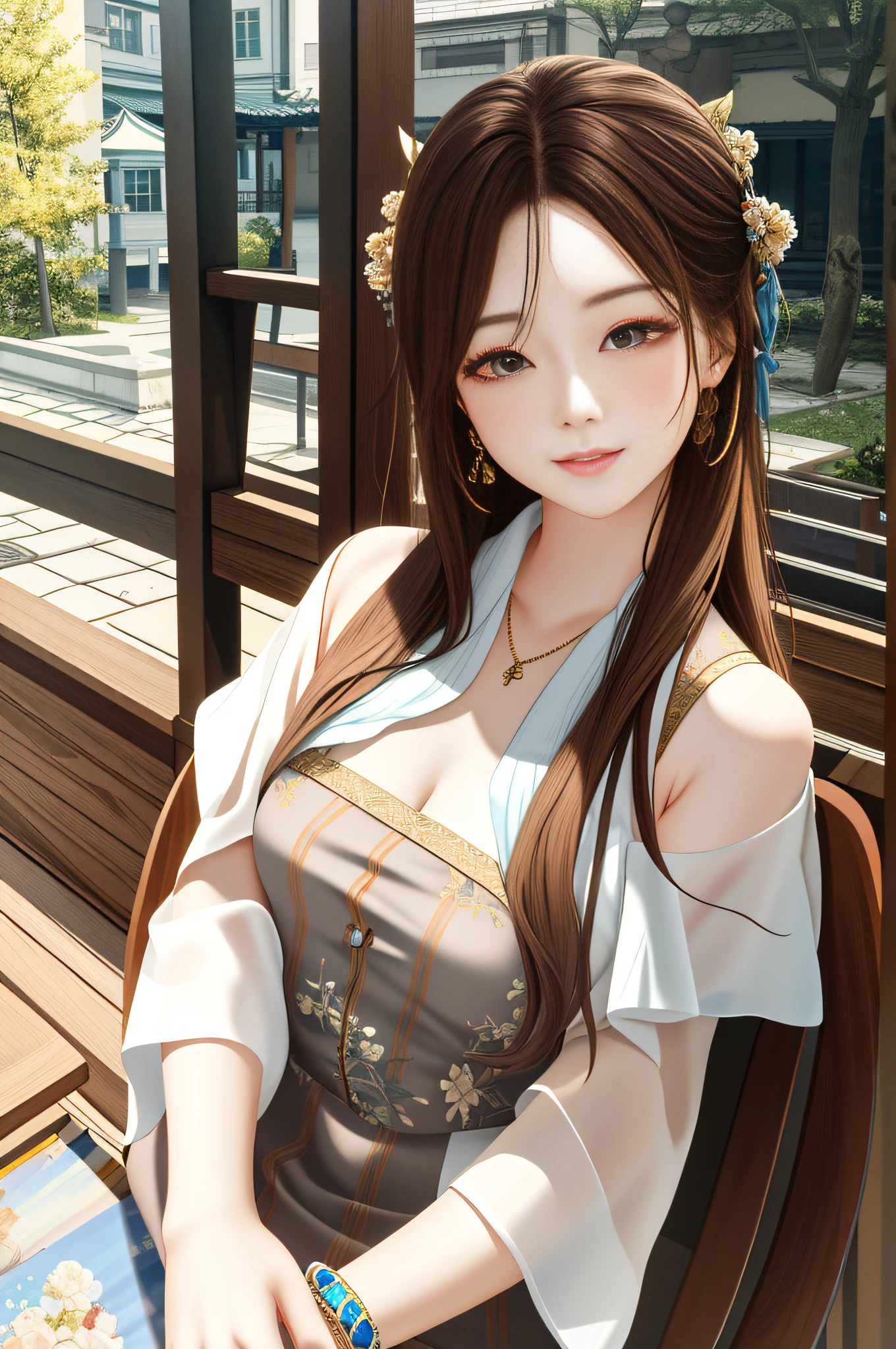 full bodyesbian,oil painted,tmasterpiece,Need,A high resolution,Long brown hair,Jewelry hairpins,nedium breasts,Riverside with chairs,Stand up,Song Dynasty,Song Yi,