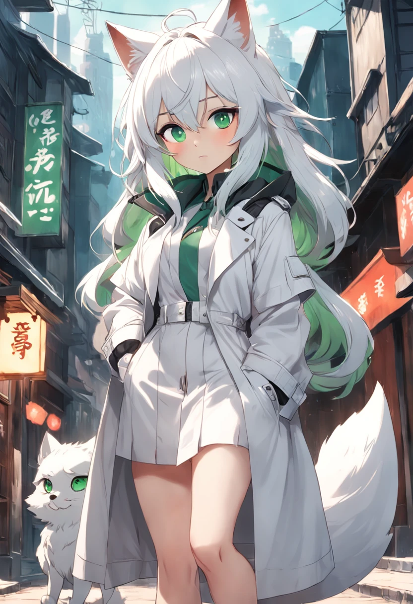 ember,Green eyes,Cute snow fox anthropomorphic,white short sleeve,White to gray trench coat,white color hair,Light gray pants,Gray Shoes