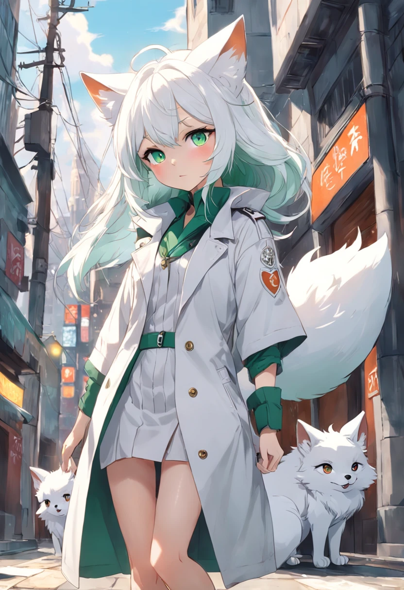 ember，Green eyes，Cute snow fox anthropomorphic，white short sleeve，White to gray trench coat，white color hair，Light gray pants，Gray Shoes