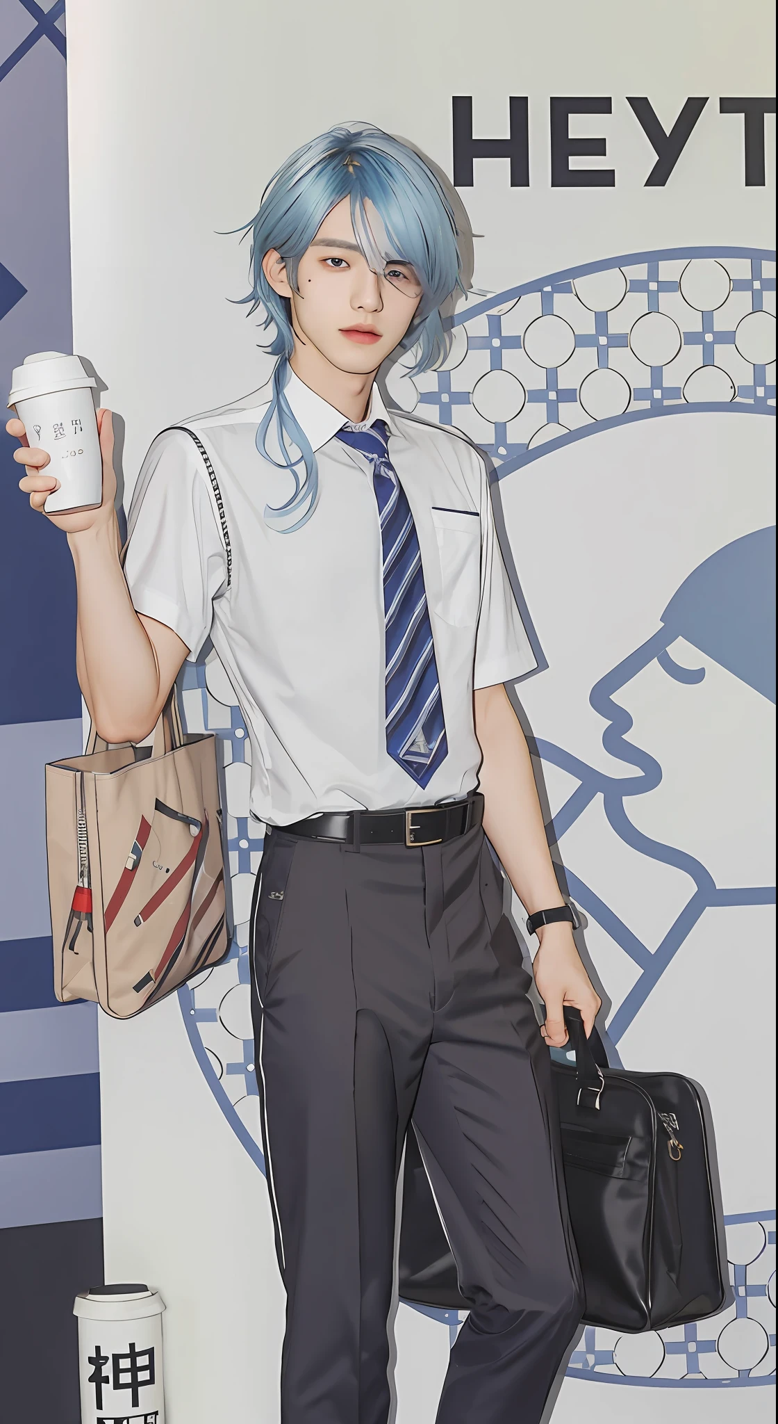 Kamisato Ayato, 1boy , Male focus, shirt, tiese, Solo, Moles under the mouth, Light blue hair, Light blue eyes,striped tie, White shirt, bag, school uniform, bangs, Short sleeves, holding bag,, belt, hair between eye, Black pants, disposable cup, Ccup, Closed mouth, Black belt, diagonal-striped necktie, streaked, collared shir