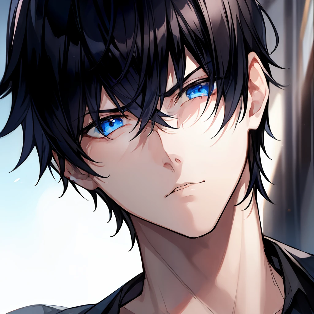 1boy, black hair, blue eyes, short hair, serious face , lovely face