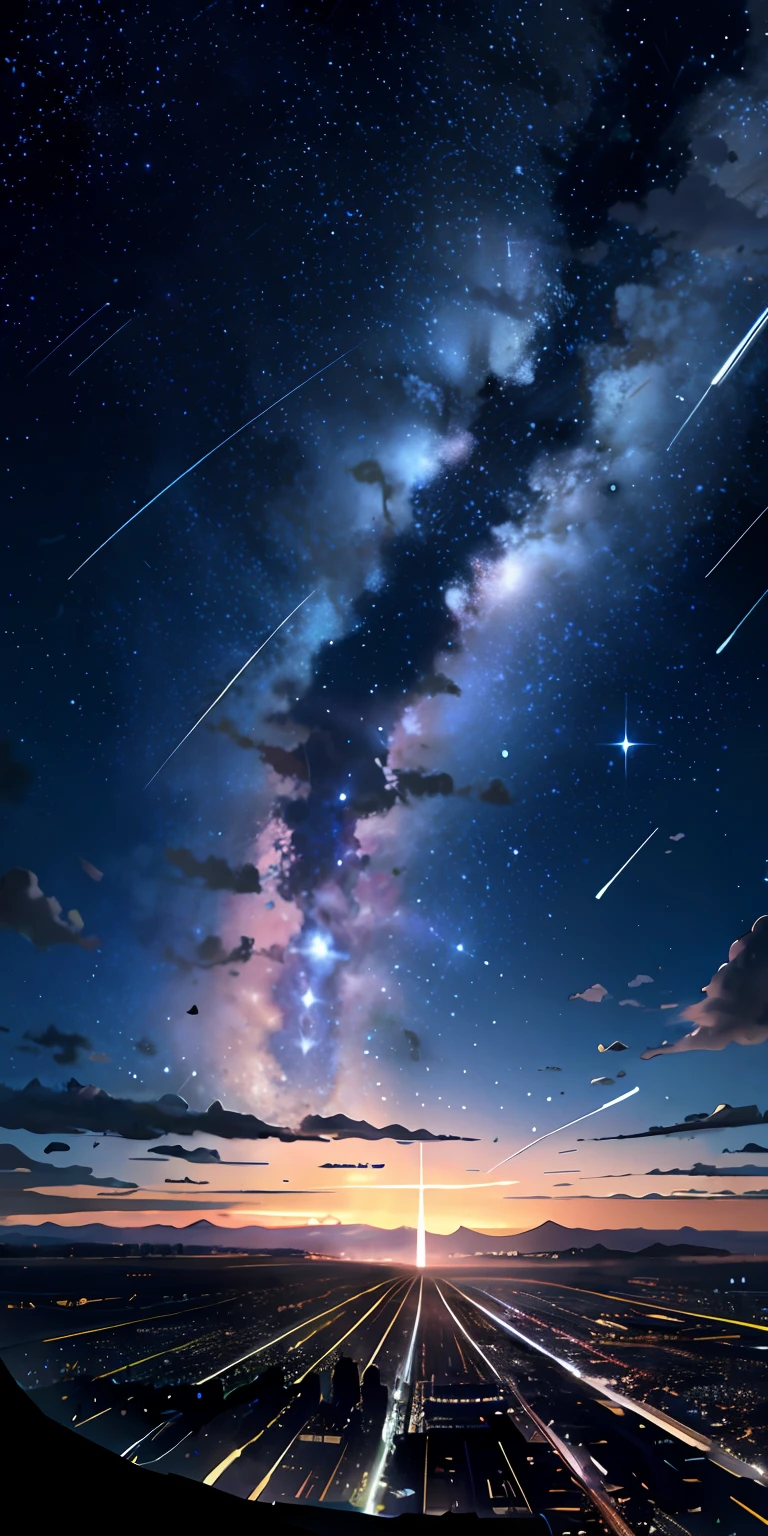 A starry sky with soft clouds, a shooting star gliding by, and like a small city