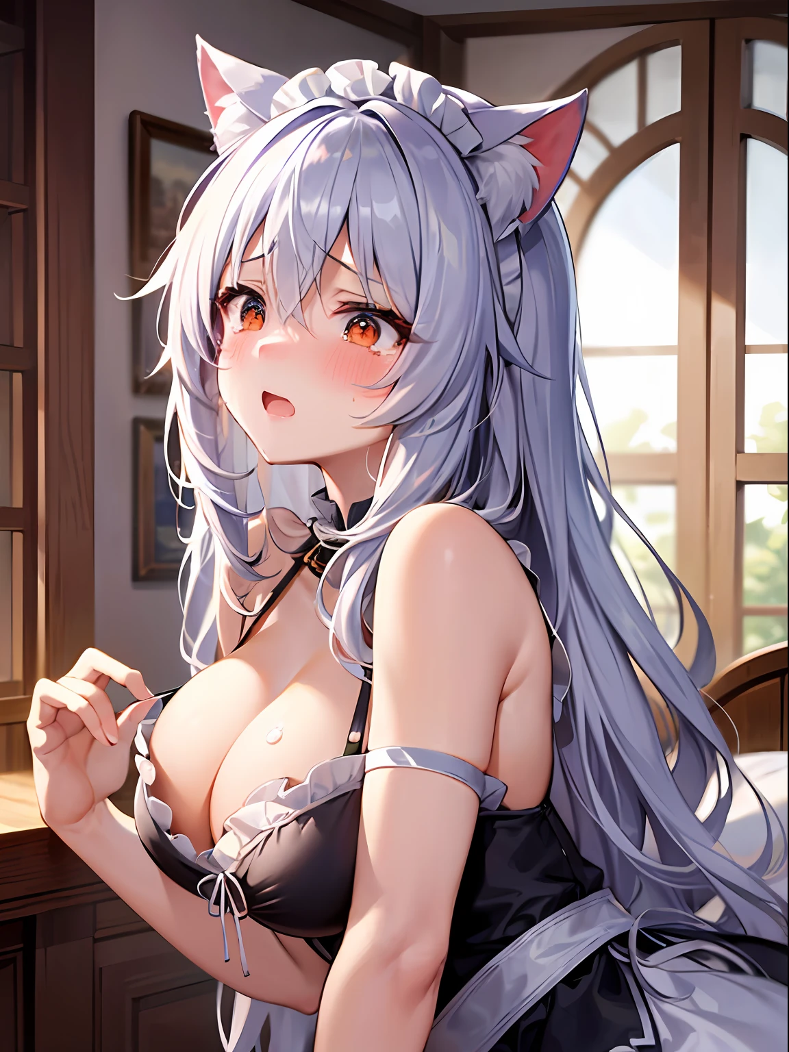 Best Quality, ultra-detailliert, Illustration, silber hair, Aimei,,embarrassed from,red blush,scratching your head,The long-haired,cute face,beutiful breast,turned around,Close,Angle to show off breasts,look up to,finely detail,a bed、Maids,Cat's ears,crying how bright,astonished face
