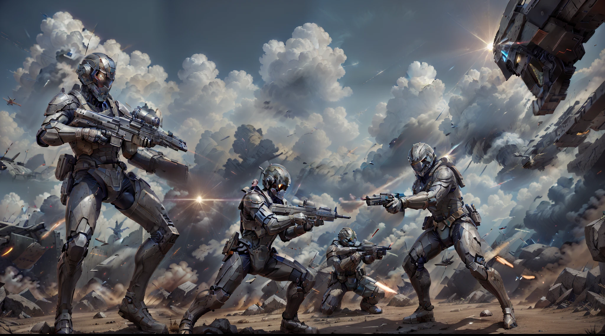 GameCG，Gun battle game，废墟，Science fiction war，promotional poster，High detail，Rich colors, High contrast, HD8K, 超高分辨率, Light and shadow effects, Metallic reflected light, Perfect light and shadow, Studio lighting, Texture film, highest masterpiece,European man