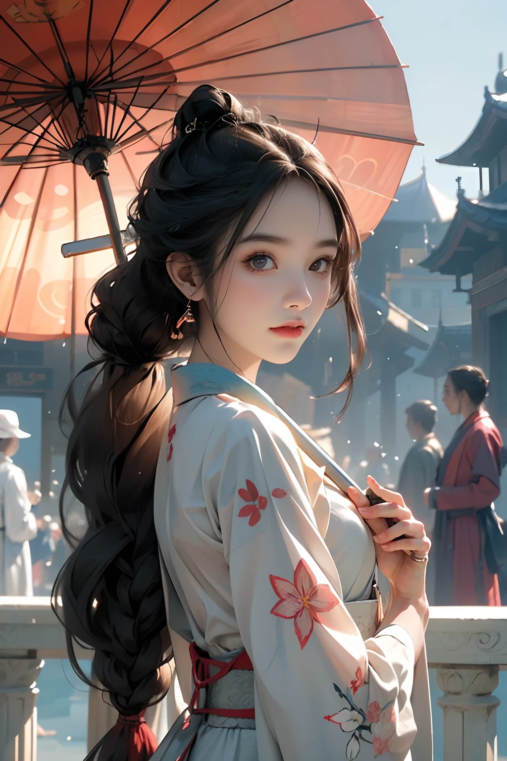 (Masterpiece:1.2),best qualtiy,Sideslit,lens flare glow,Ray traching,Sharp focus,hand holding oil-paper umbrella,The umbrella is open,The umbrella is on the character's head,Wearing Hanfu,one-girl,Dance under the peach blossoms,(Realiy:1.3),(Detailed skins),(Detailed face),(simple backgound),