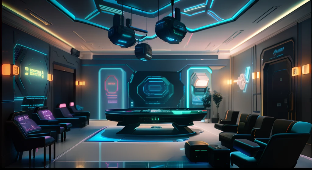 there is a casino table in the middle of a room with a piano, gaming room in 2 0 4 0, futuristic room, scifi room, 3 d render beeple, futuristic setting, in style of beeple, cyberpunk garage on jupiter, in a cyberpunk themed room, cyberpunk interior, futuristic decoration, the cyberpunk apartment, futuristic casino, beeple rendering
