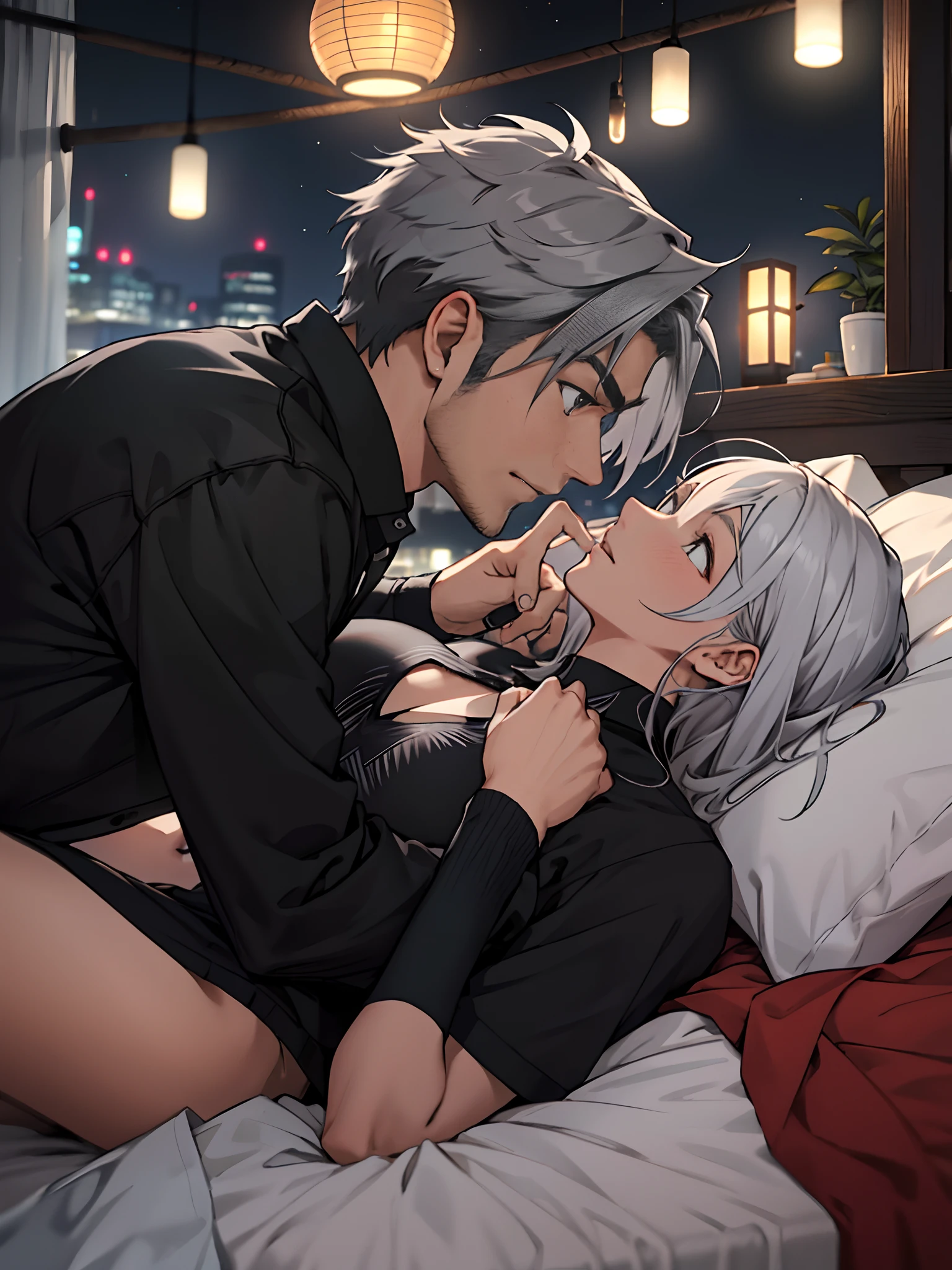 the night，Intimate men and women，on top of the bed，（ember，Silver-gray hair，Female pervert，Black color hair）