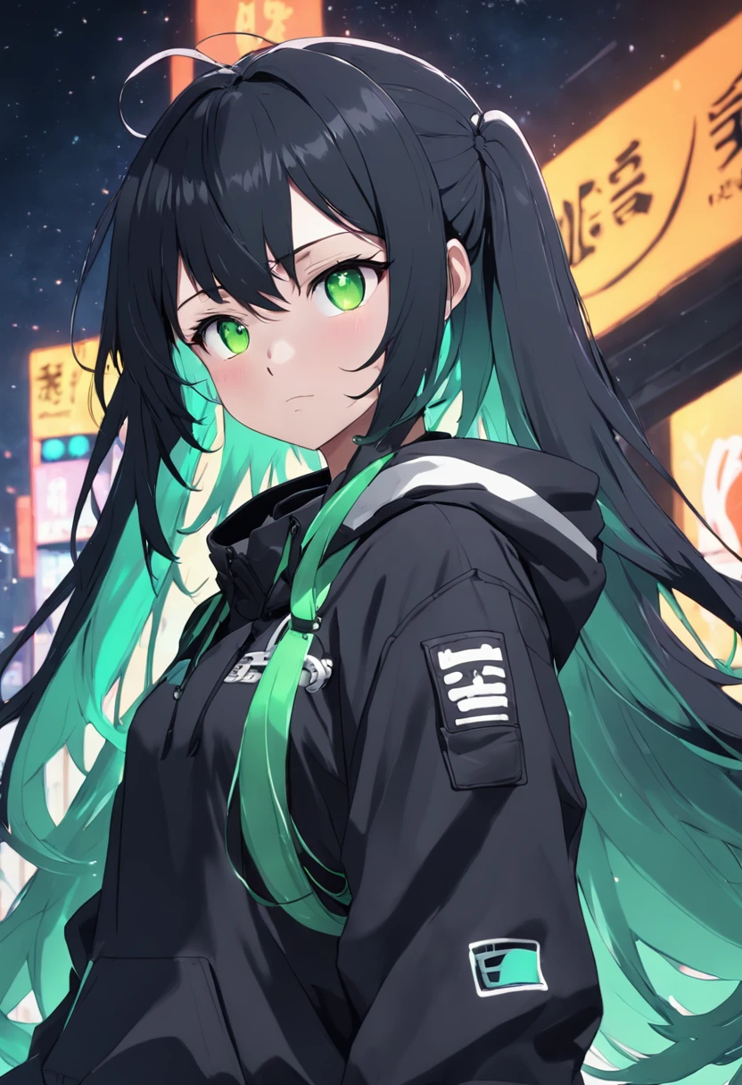 、assault rifle、Long sideburns、Beautiful anime style girl all over, clean detailed faces, Cyber,analogous colors, Glowing shadow, beautiful gradation, Depth of field, Clean image, High quality,Black hoodie outfit、 High detail, High definition, Blush, coalescence, beleza celestial, Very detailed, Soft lighting, full bodyesbian,Green&Black hair,Green eyes、
