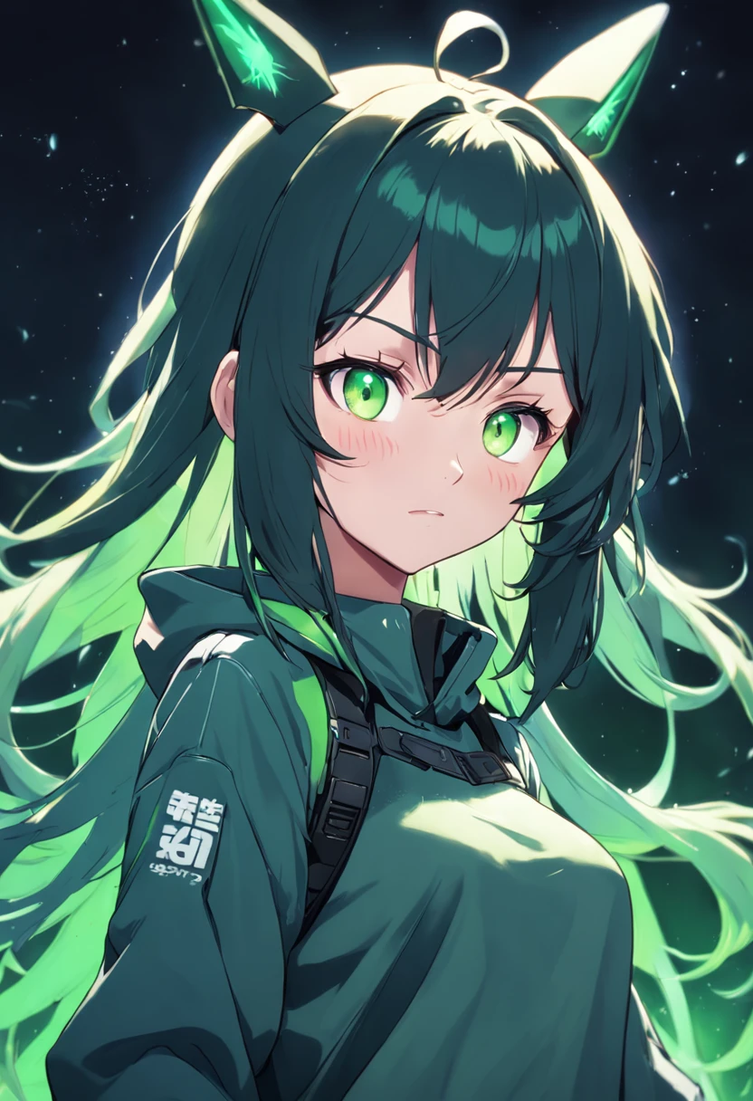 、assault rifle、Long sideburns、Beautiful anime style girl all over, clean detailed faces, Cyber,analogous colors, Glowing shadow, beautiful gradation, Depth of field, Clean image, High quality,Black hoodie outfit、 High detail, High definition, Blush, coalescence, beleza celestial, Very detailed, Soft lighting, full bodyesbian,Green＆Black hair,Green eyes、