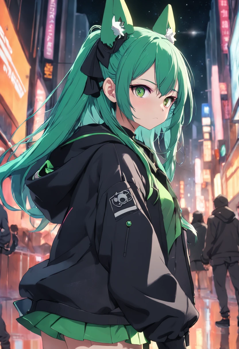 、assault rifle、Long sideburns、Beautiful anime style girl all over, clean detailed faces, Cyber,analogous colors, Glowing shadow, beautiful gradation, Depth of field, Clean image, High quality,Black hoodie outfit、 High detail, High definition, Blush, coalescence, beleza celestial, Very detailed, Soft lighting, full bodyesbian,Green&Black hair,Green eyes、