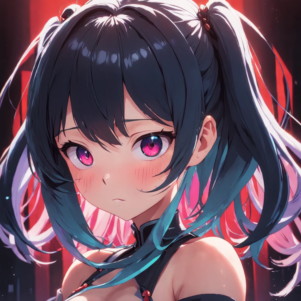 black hair, hair bobbles, longeyelashes, chin grab, disdain, Surrealism, drop shadow, anaglyph, stereogram, tachi-e, pov, atmospheric perspective, high detail, Ultra-Wide Angle, 8k, super detail, ccurate, best quality, textured skin, masterpiece