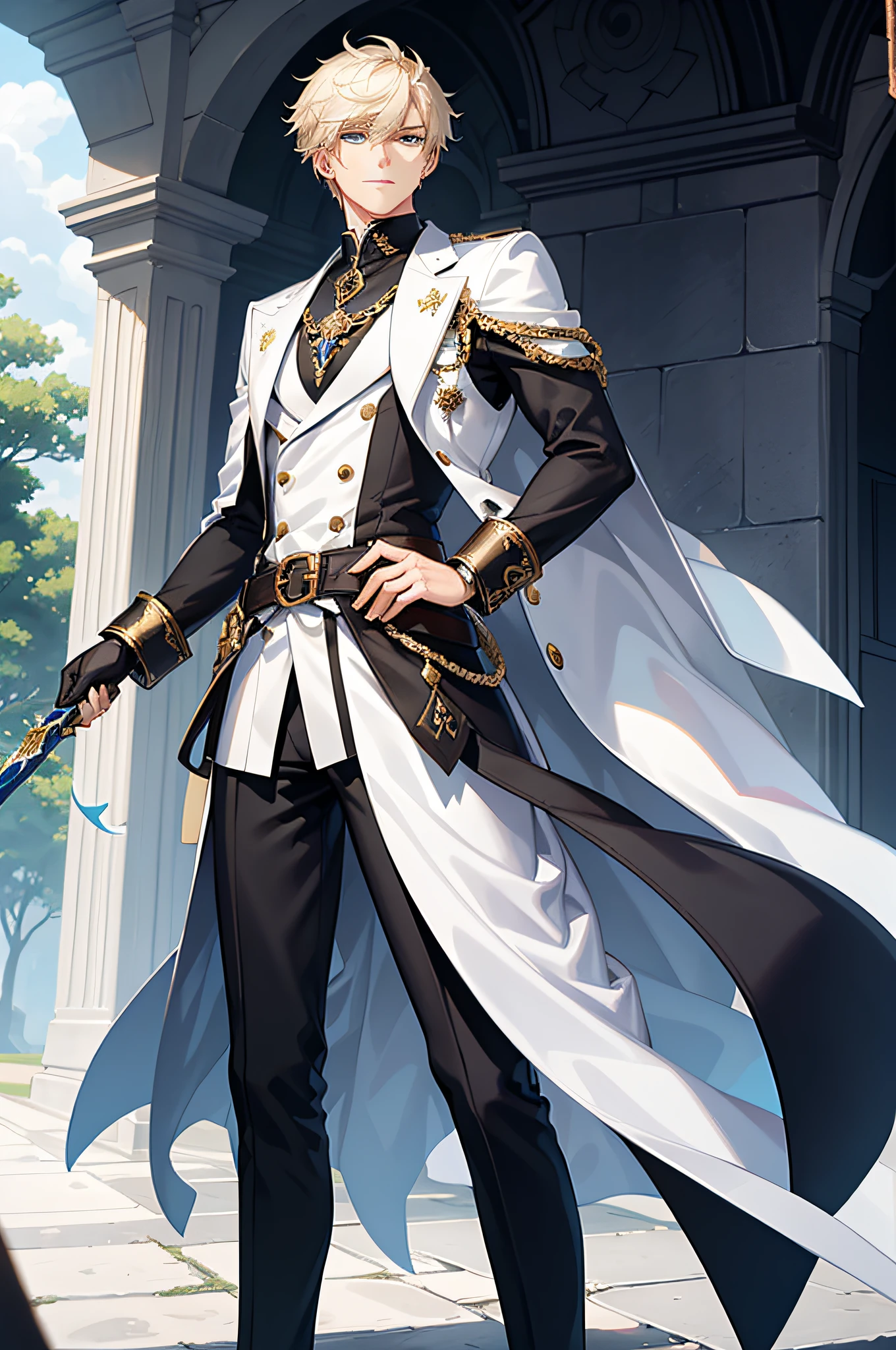 Zane Pharnx stands tall with an imposing yet athletic build, radiating an air of quiet strength. His fair skin accentuates his striking features, while his lustrous blue eyes possess a depth that hints at hidden complexities. His signature blonde hair is meticulously groomed, falling in a neat and stylish manner. Zane's attire is both practical and stylish, reflecting his role as Emperor of Aegis.He prefers a comfortable yet refined look, often seen wearing a plain black t-shirt that complements his physique, paired with crisp white pants that offer a sense of contrast. His choice of footwear consists of sleek black shoes that add an element of sophistication. Over his t-shirt, Zane dons a long-sleeved white coat, its sleeves casually rolled up, giving him an approachable and laid-back appearance. The coat adds a touch of formality while maintaining a sense of practicality.Two belts adorned with ornate golden buckles adorn his waist, symbolizing his status as both a leader and a guardian. They hold in place an intricately designed blade, reflecting his connection to his royal lineage and his duty to protect his people.