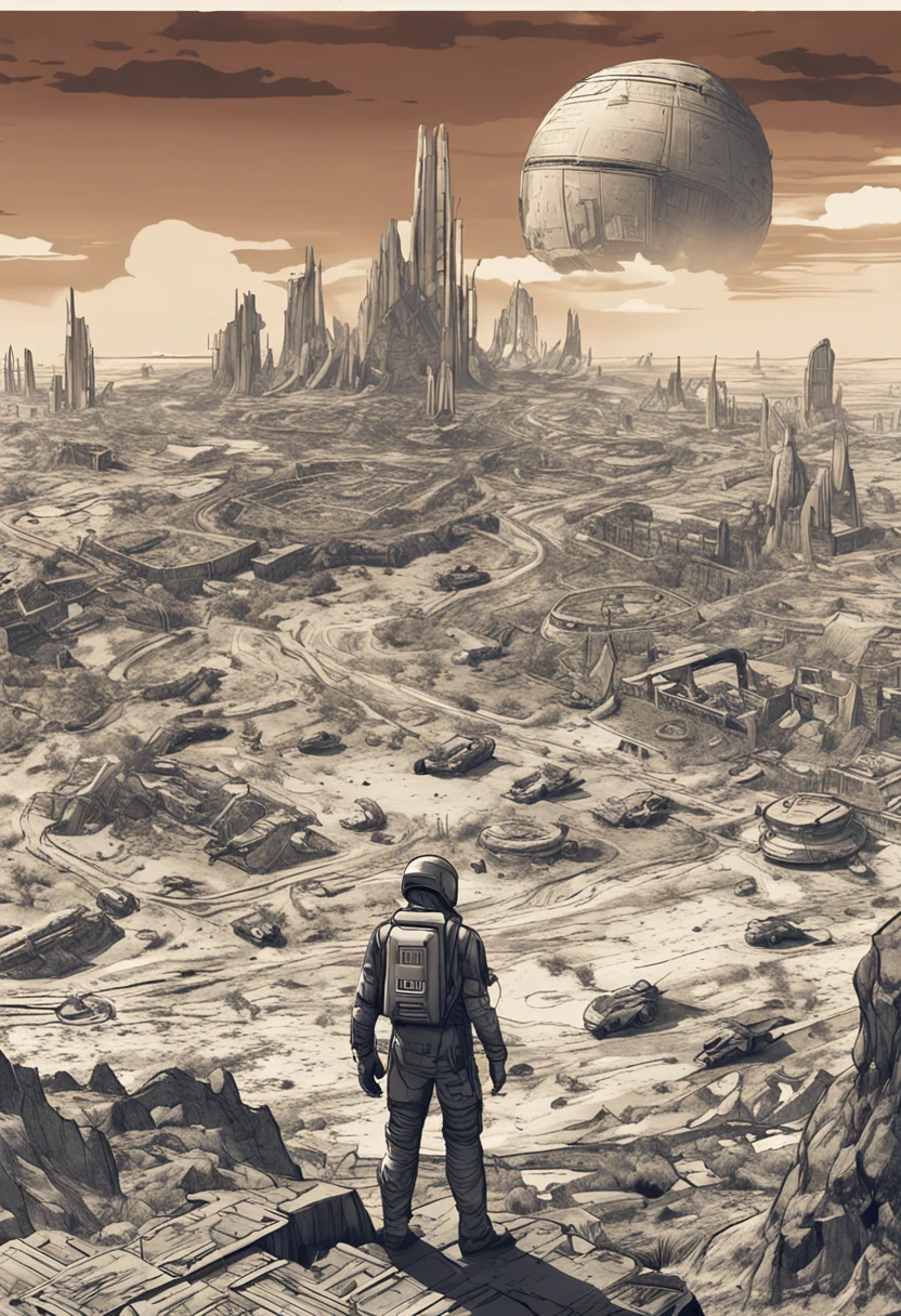 ZA masterpiece,True HD photos,high detal,Highest definition,8K,Leica lens,Set against the backdrop of the Wasteland planet,Depicting the futuristic world of science fiction。The planet looks like it's going through a disaster,Ruins are everywhere,Dilapidated。There should be a lot of exposed mechanical equipment and ancient electronics in the picture,This hint indicates,Earth's past may have been home to high-tech civilizations。。 Against the backdrop of this wasteland planet,Please depict a giant planet in the center of the screen,It looks like a huge eye,It is surrounded by many small flying machines。This huge planet should be the protagonist of this photo,It emits a faint glow,It gives a mysterious feeling。 On the right side of the screen,Depicting a robot in a spacesuit,It stands on the ruins,Face the giant planet in the center of the picture。The design of this robot should be futuristic,Oriental touch,High-grade materials and complex mechanical structure are used。Its head should have a transparent mask,You can see the human face inside。 In front of robots,Depict ancient books or maps,It is painted with various mysterious symbols and patterns。Next to the book or map,Portrays a tired and determined scientist,He is working on this prop,It seems to be looking for some kind of answer or clue。 Somewhere on this wasteland planet,Depicting a forgotten human community,They are trying to survive and rebuild civilization。This neighborhood should have a strong wasteland and Chinese style,People wore shabby clothes and protective gear,They search for food and resources in the ruins,They are also trying to rebuild their past。Above the barren star, there is a dragon king of Chinese mythology,Looking down on the abandoned civilization from above。